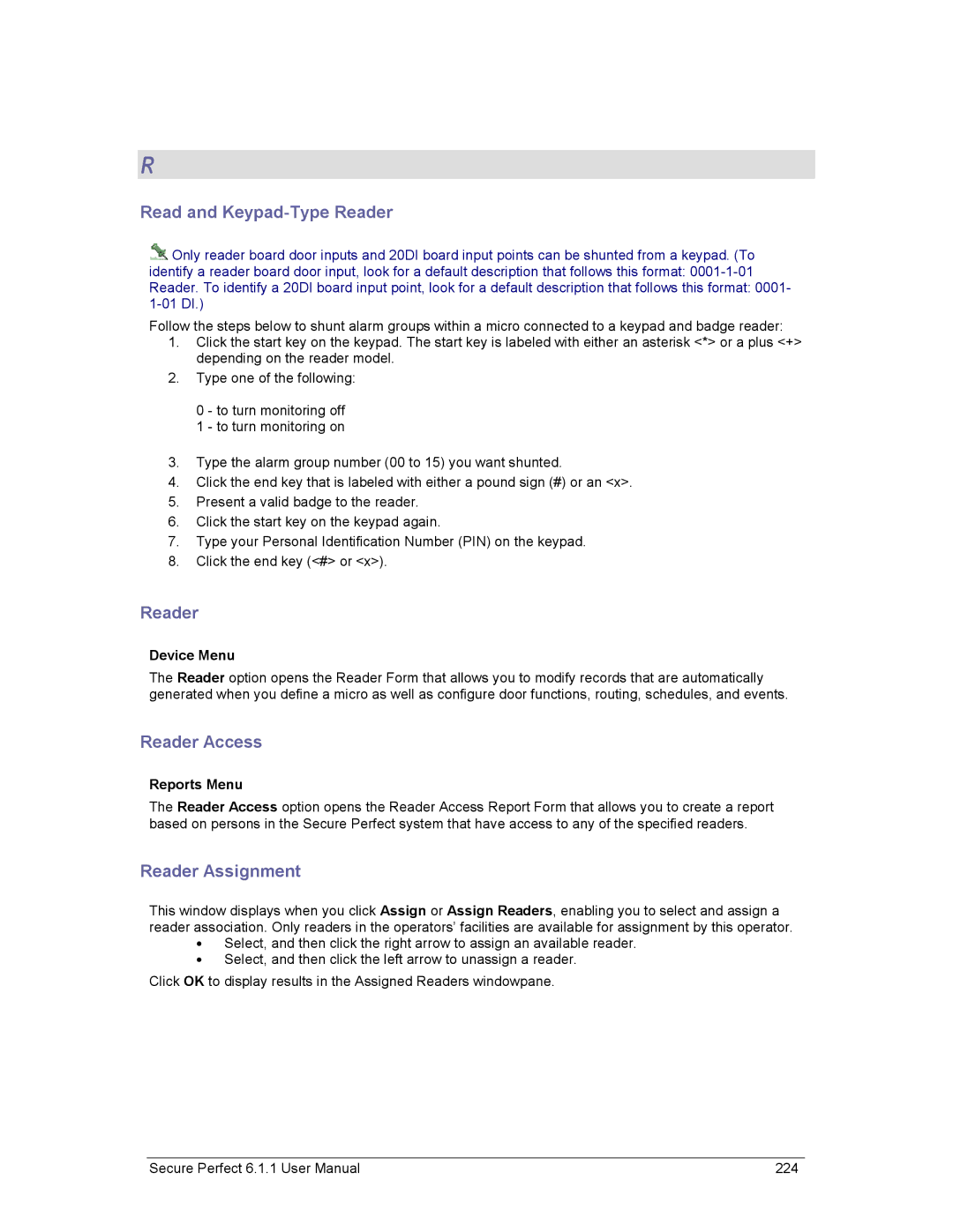 GE v6 user manual Read and Keypad-Type Reader, Reader Access, Reader Assignment 