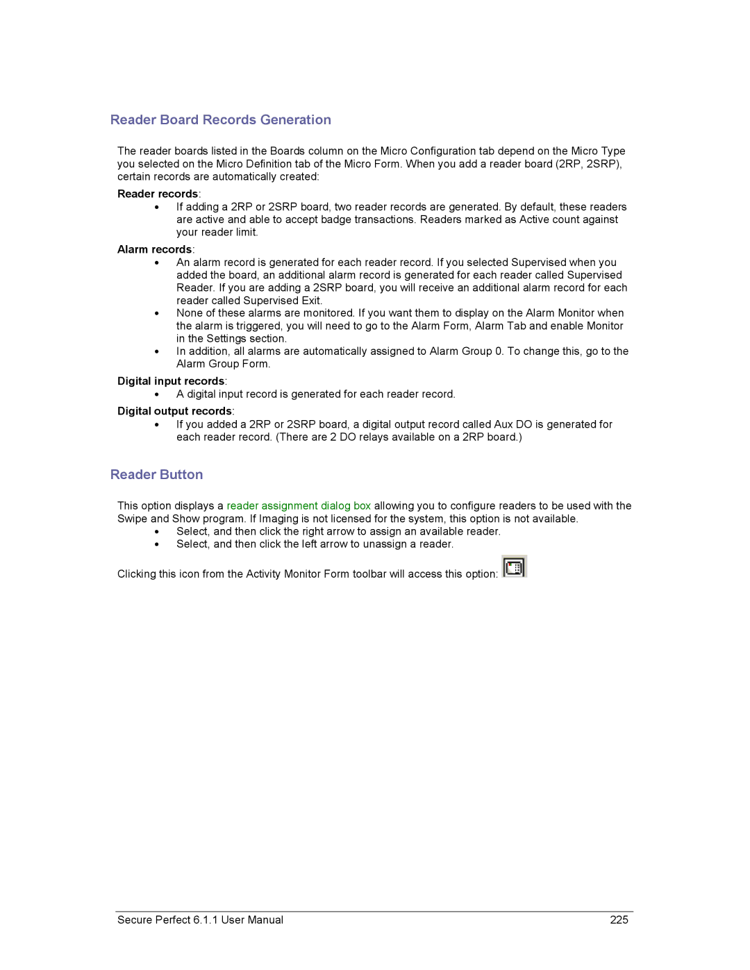 GE v6 user manual Reader Board Records Generation, Reader Button, Reader records, Digital output records 