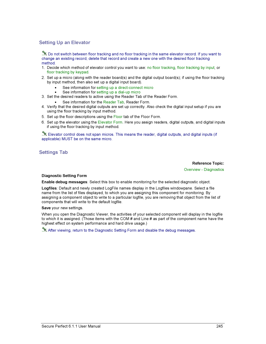 GE v6 user manual Setting Up an Elevator, Settings Tab, Diagnostic Setting Form 