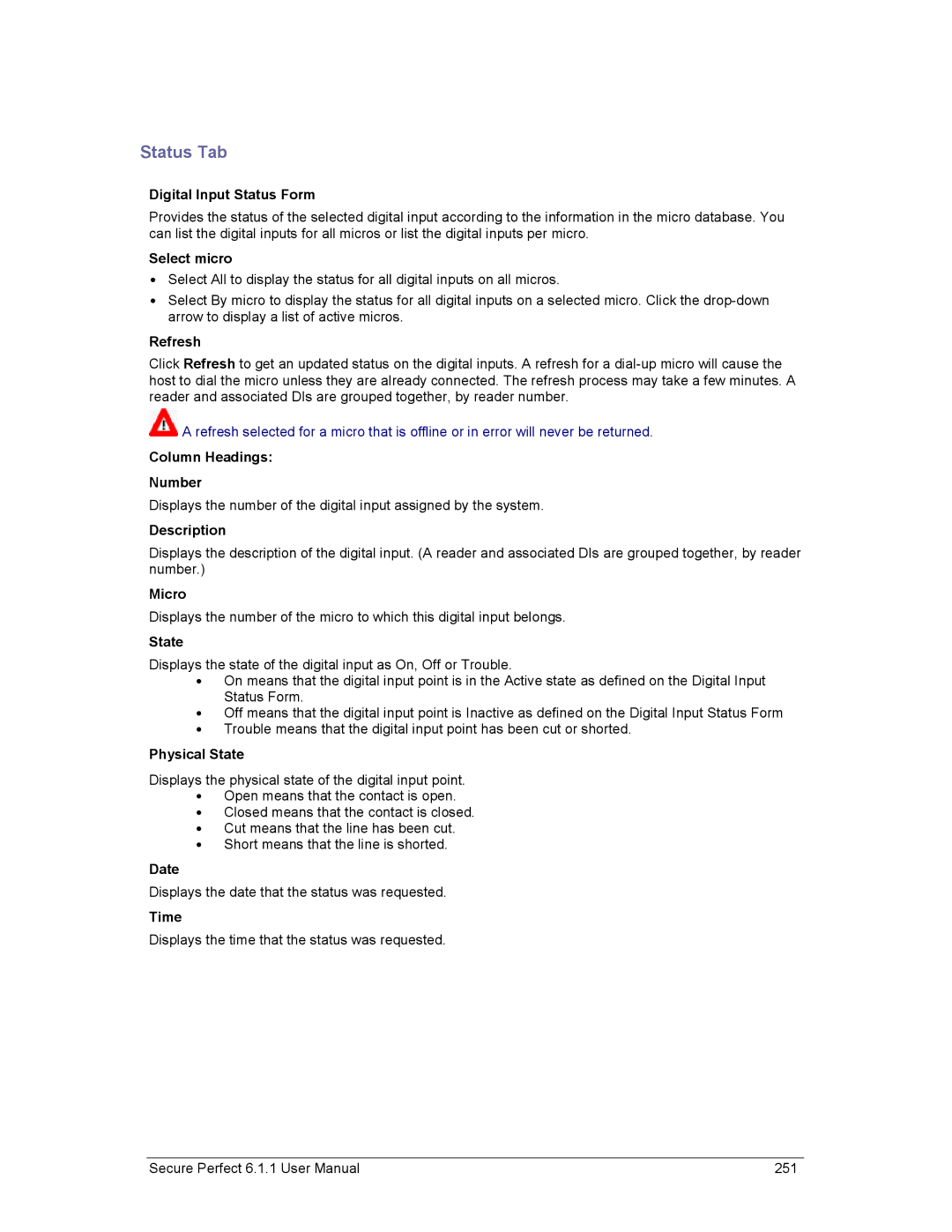 GE v6 user manual Digital Input Status Form, Column Headings Number, Physical State 