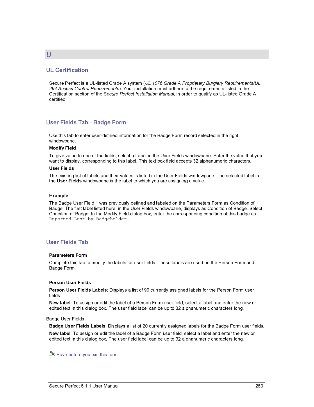 GE v6 user manual UL Certification, User Fields Tab Badge Form 