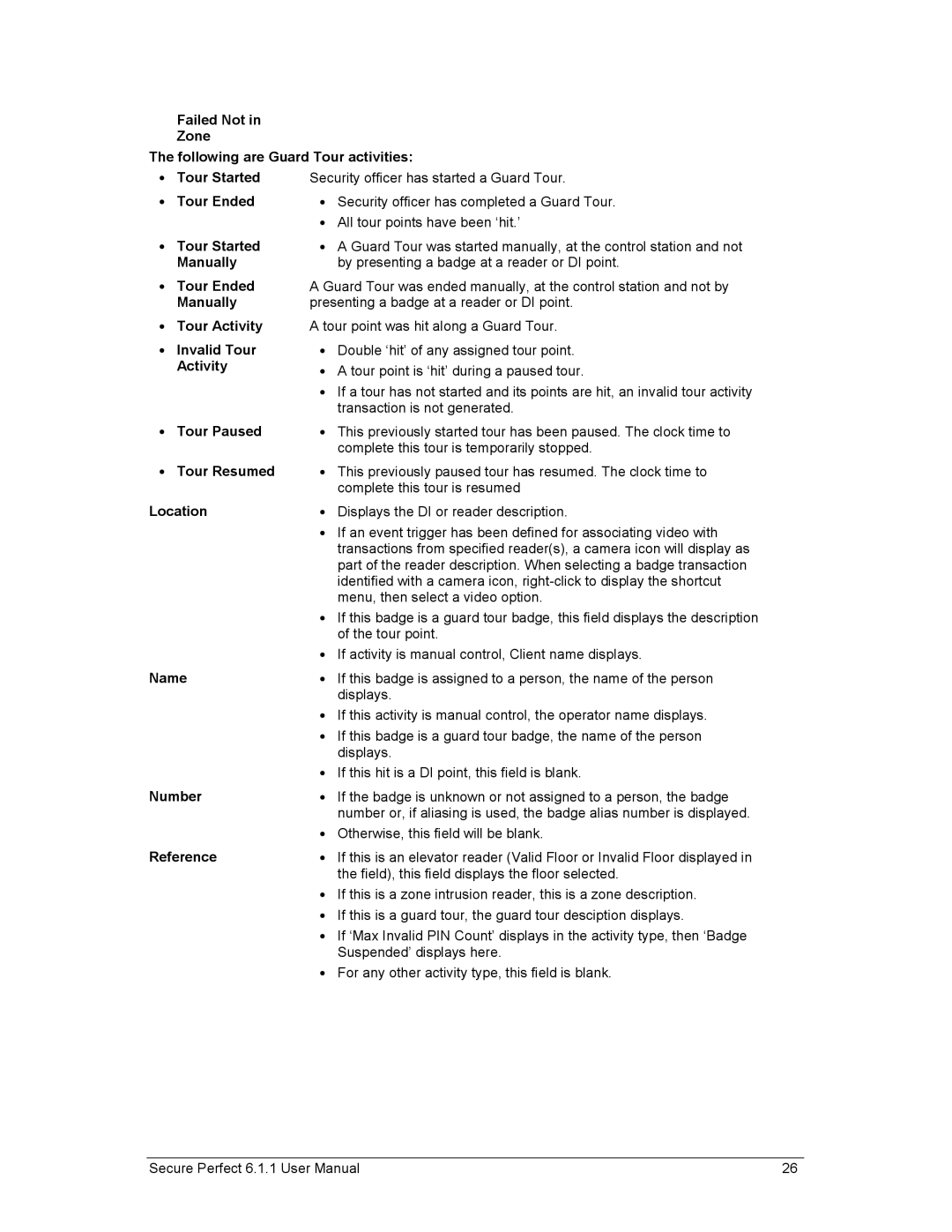 GE v6 user manual Tour Paused, Tour Resumed, Location, Name, Number, Reference 