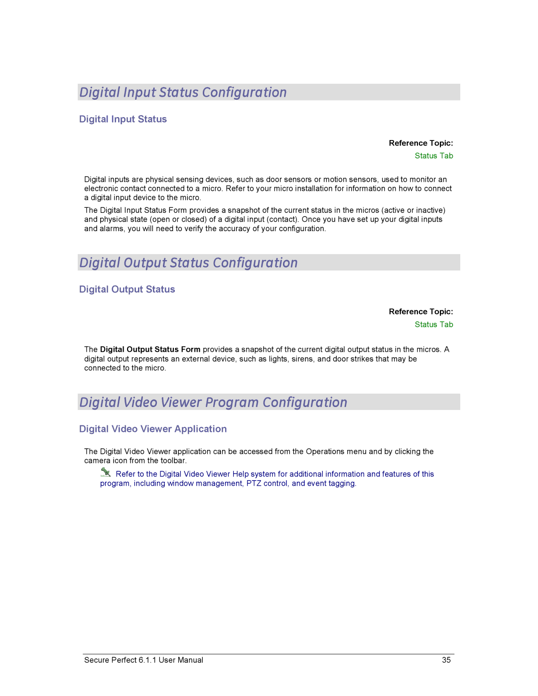 GE v6 Digital Input Status Configuration, Digital Output Status Configuration, Digital Video Viewer Program Configuration 