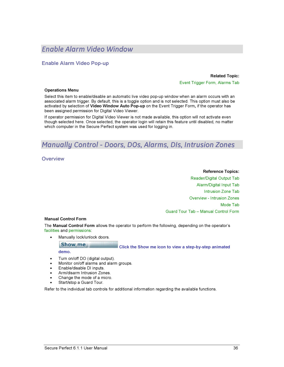 GE v6 Enable Alarm Video Window, Manually Control Doors, DOs, Alarms, DIs, Intrusion Zones, Enable Alarm Video Pop-up 