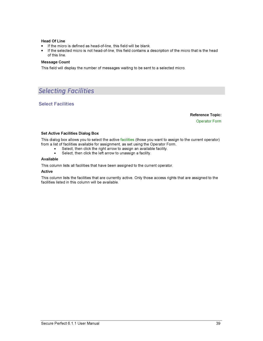 GE v6 user manual Selecting Facilities, Select Facilities 