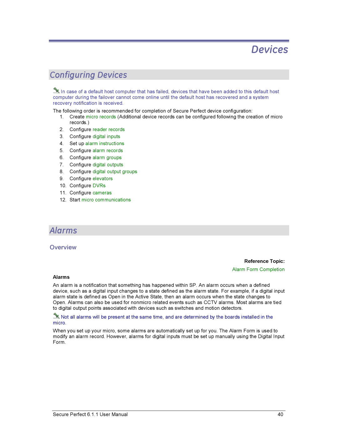 GE v6 user manual Configuring Devices, Alarms, Start micro communications, Alarm Form Completion 