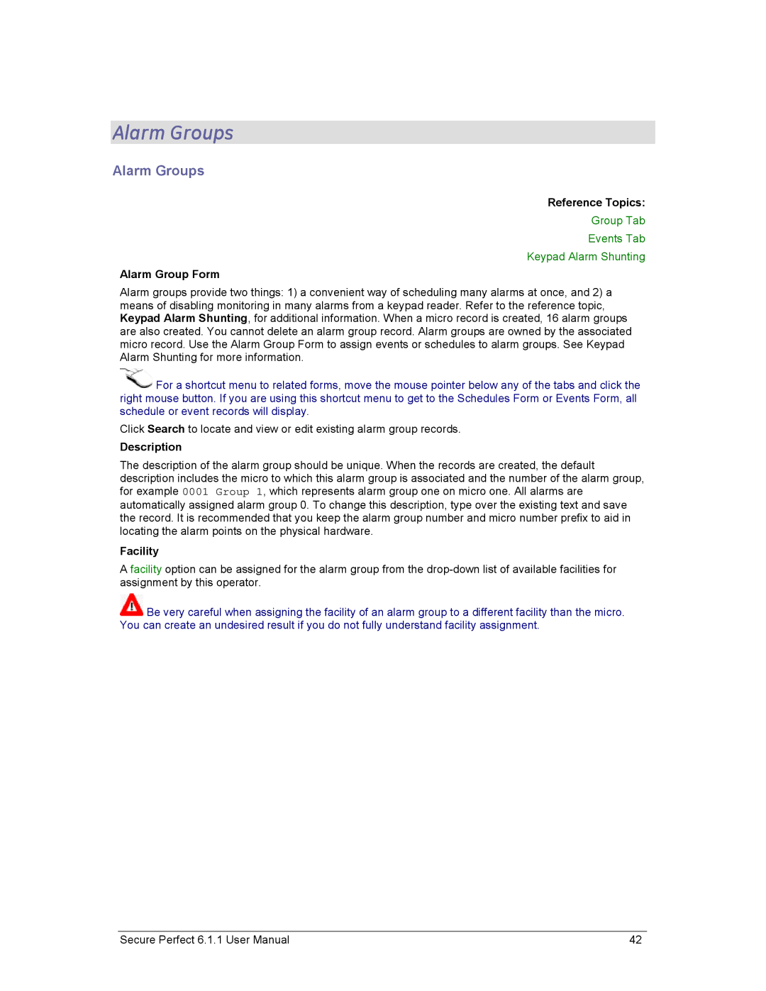 GE v6 user manual Alarm Groups, Group Tab Events Tab Keypad Alarm Shunting, Alarm Group Form, Facility 