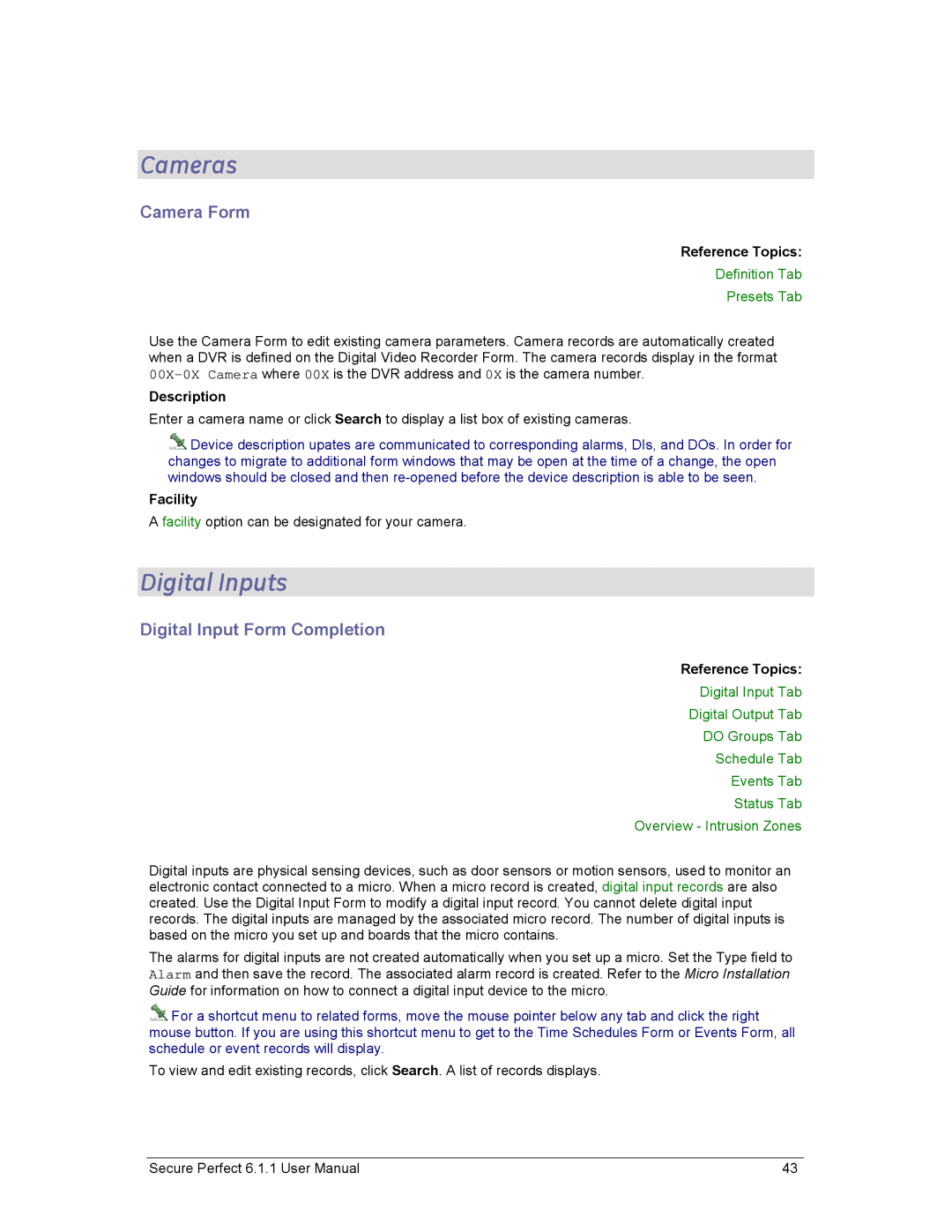 GE v6 user manual Cameras, Digital Inputs, Camera Form, Digital Input Form Completion, Definition Tab Presets Tab 