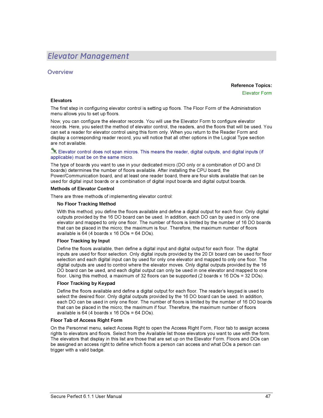 GE v6 user manual Elevator Management 