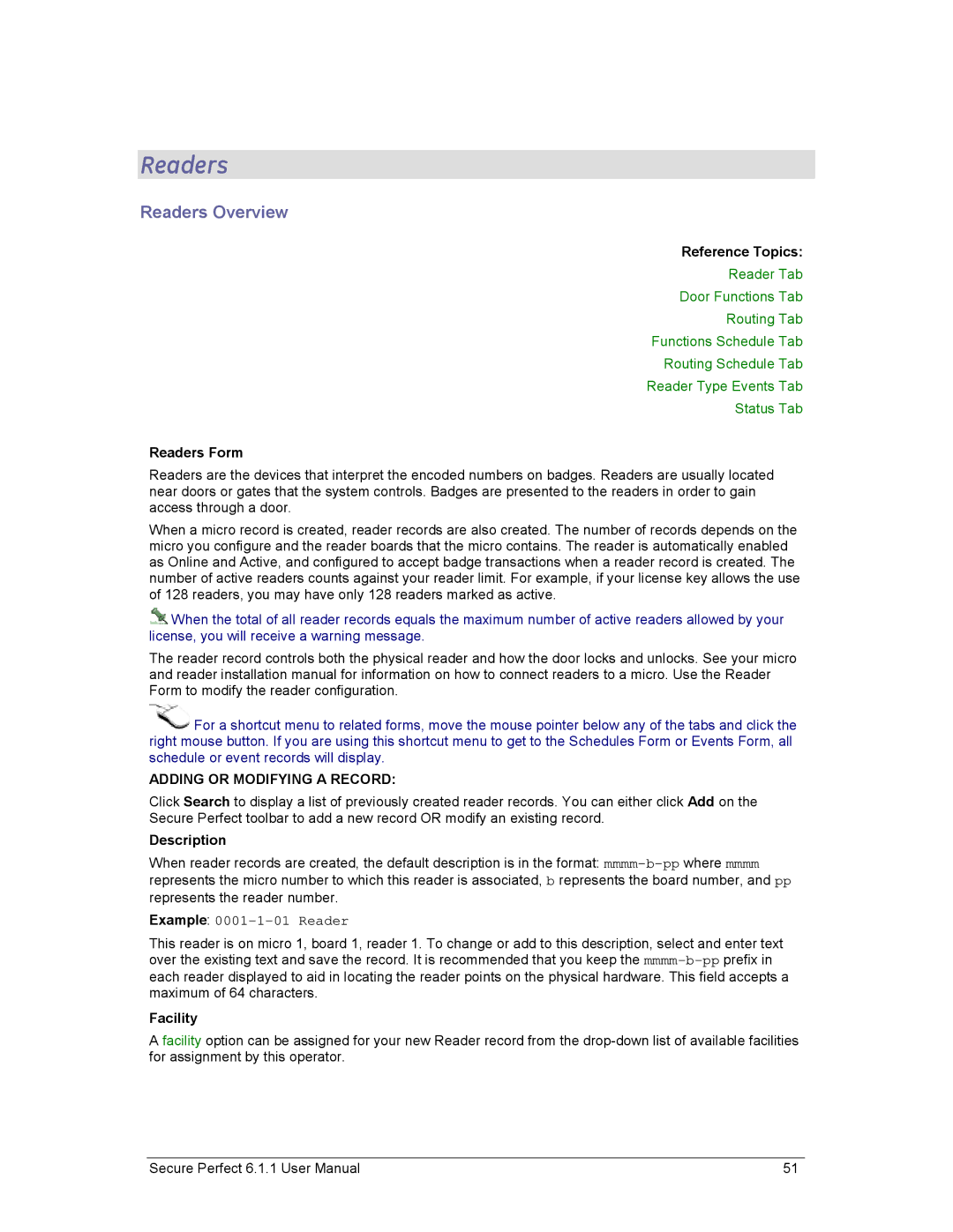 GE v6 user manual Readers Overview, Readers Form 