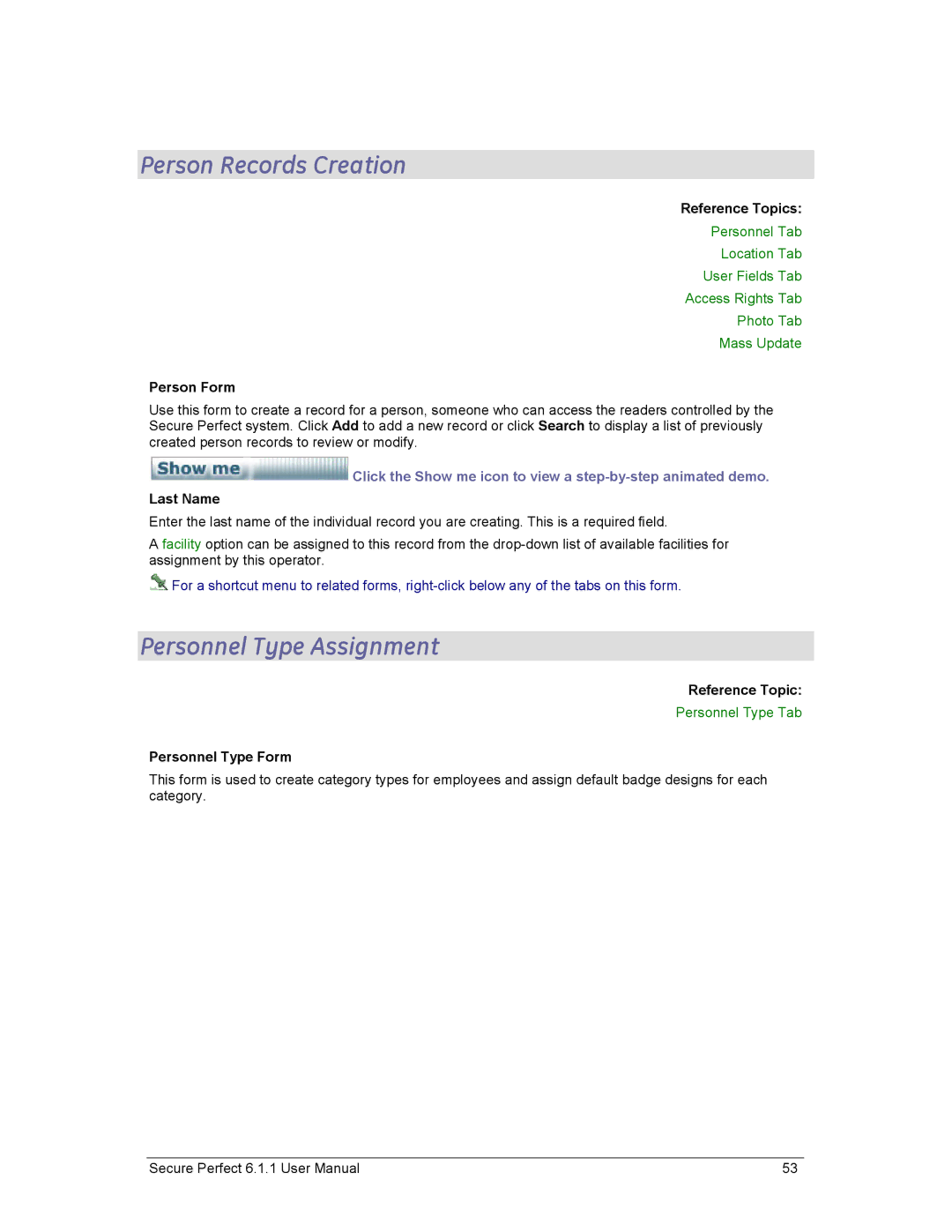 GE v6 user manual Person Records Creation, Personnel Type Assignment, Person Form, Personnel Type Tab, Personnel Type Form 