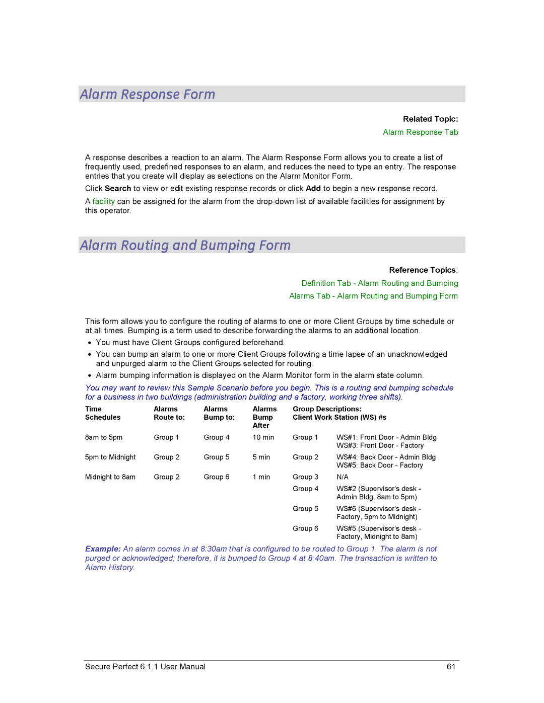 GE v6 user manual Alarm Response Form, Alarm Routing and Bumping Form, Alarm Response Tab 