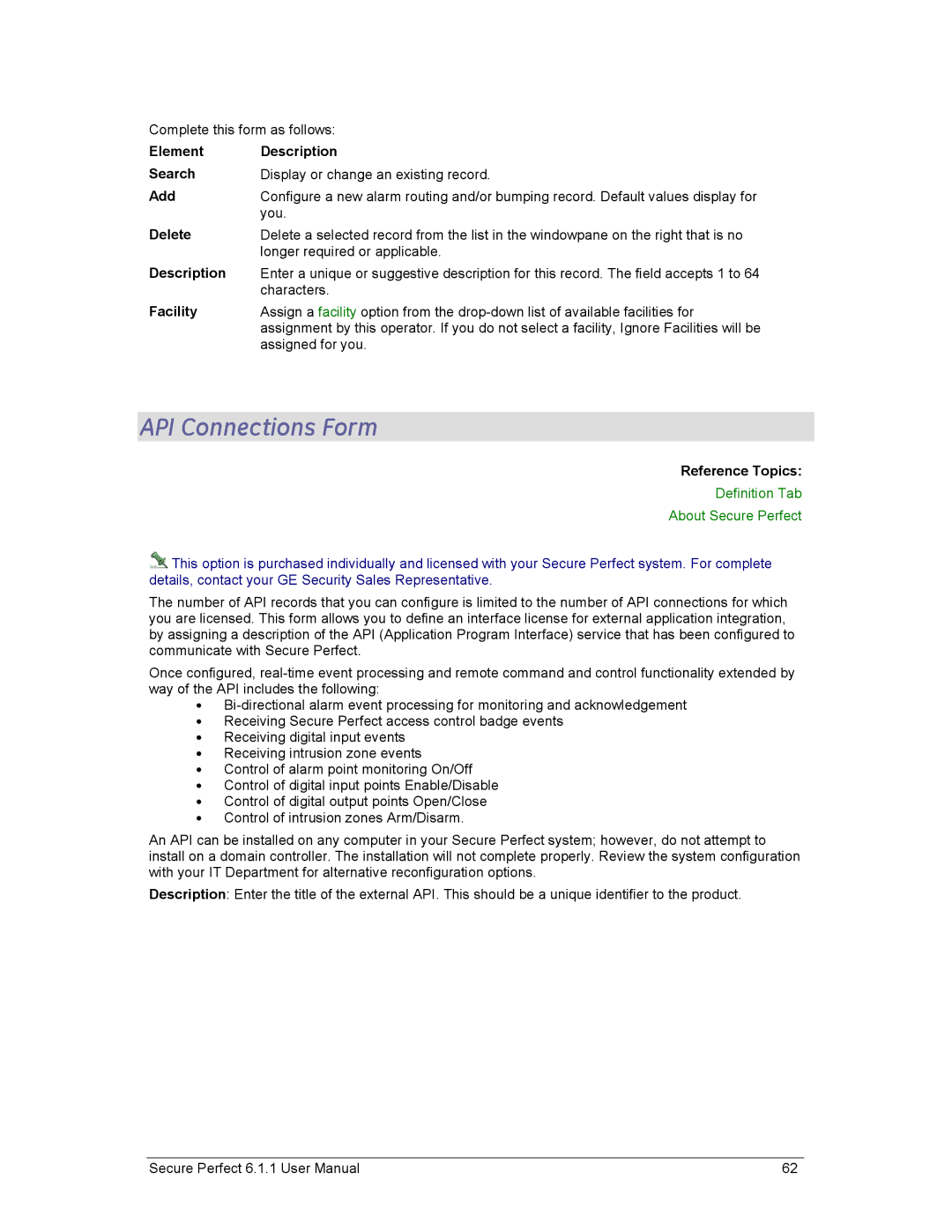 GE v6 user manual API Connections Form, Element Description Search, Definition Tab About Secure Perfect 