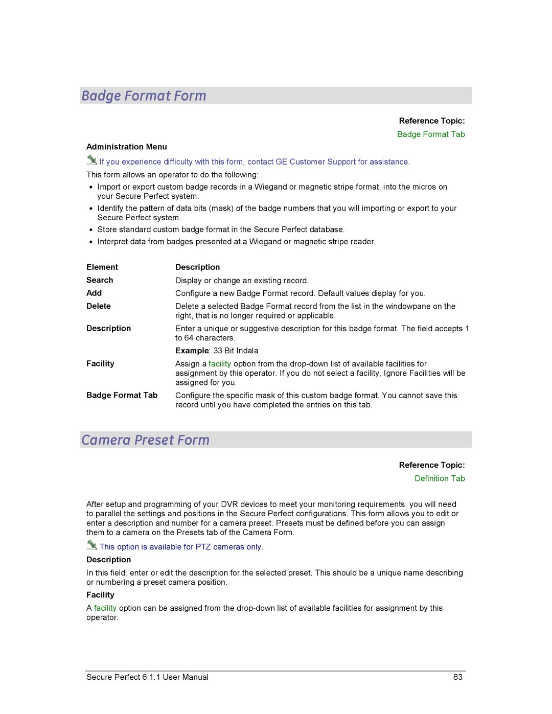 GE v6 user manual Badge Format Form, Camera Preset Form, Badge Format Tab, Administration Menu 