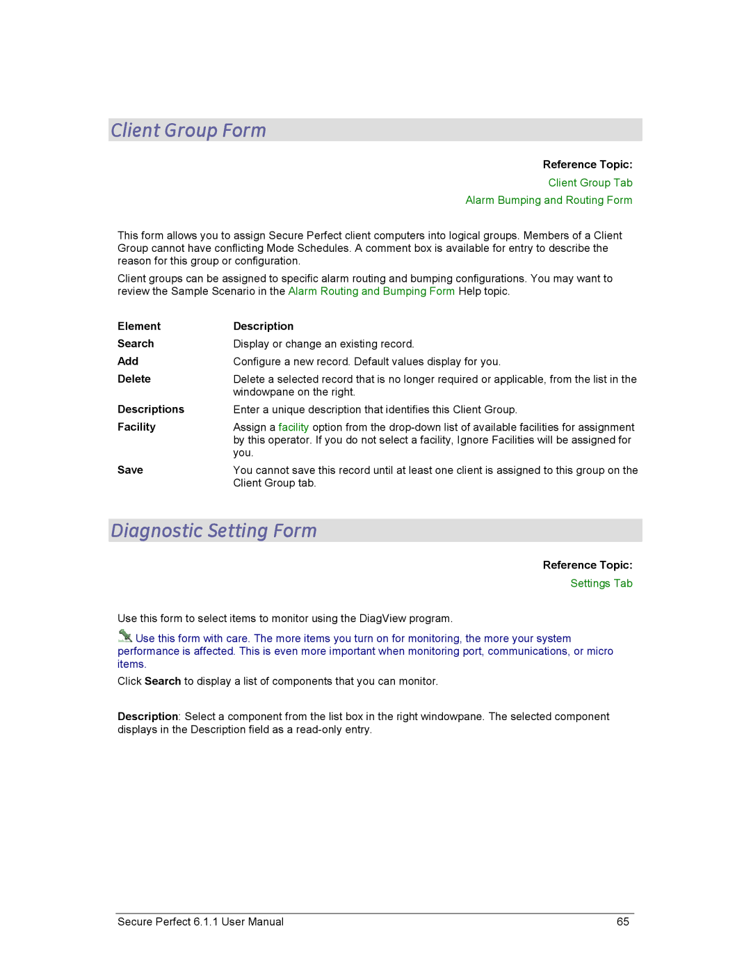 GE v6 user manual Client Group Form, Diagnostic Setting Form 