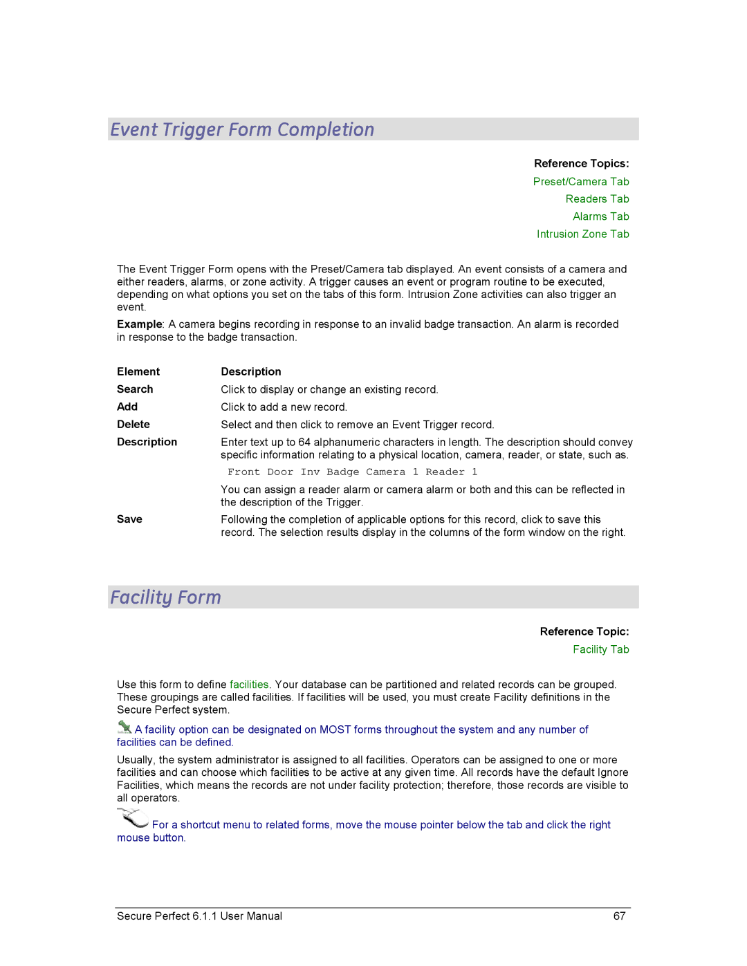 GE v6 user manual Event Trigger Form Completion, Facility Form, Preset/Camera Tab Readers Tab Alarms Tab Intrusion Zone Tab 