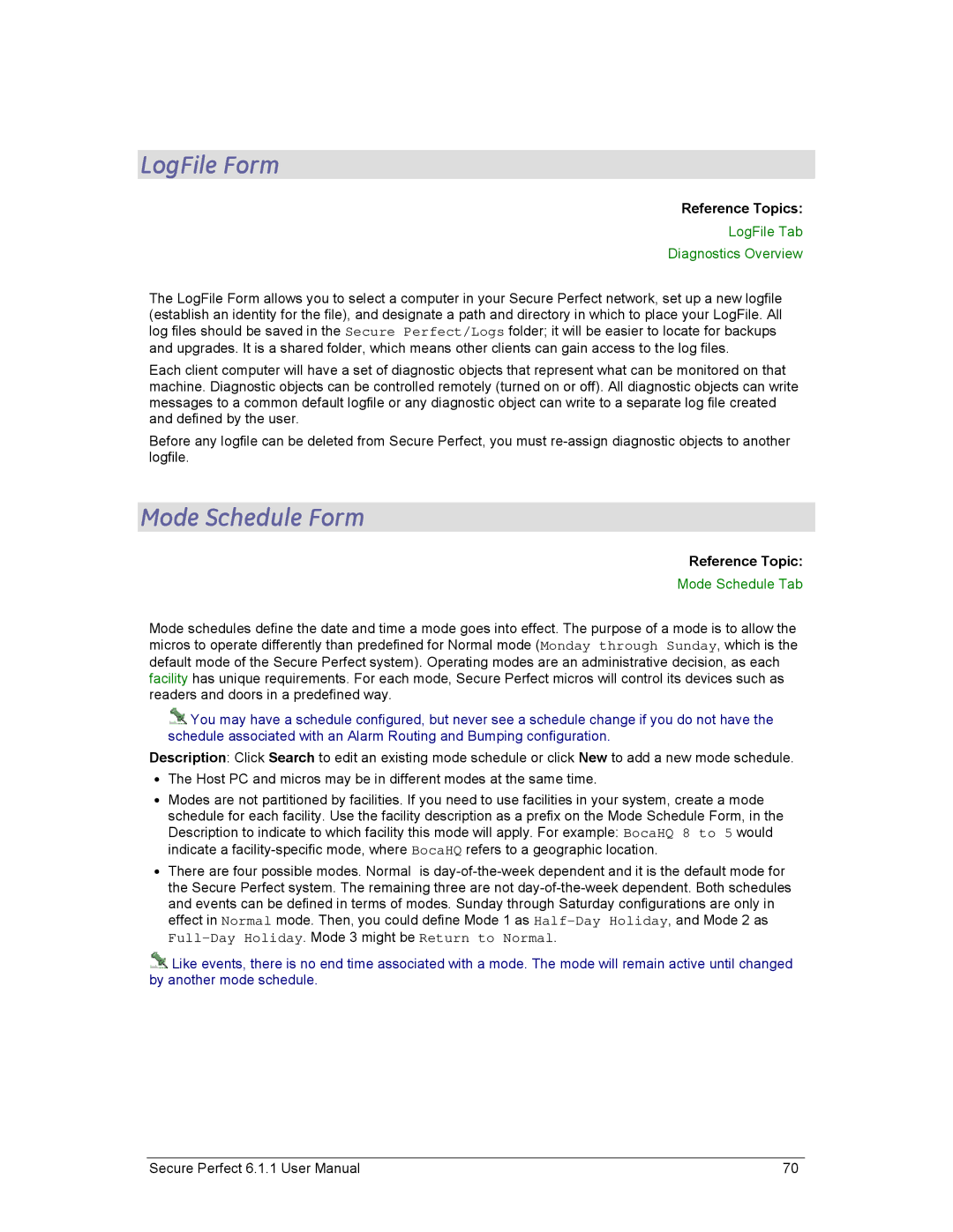 GE v6 user manual LogFile Form, Mode Schedule Form, LogFile Tab Diagnostics Overview, Mode Schedule Tab 