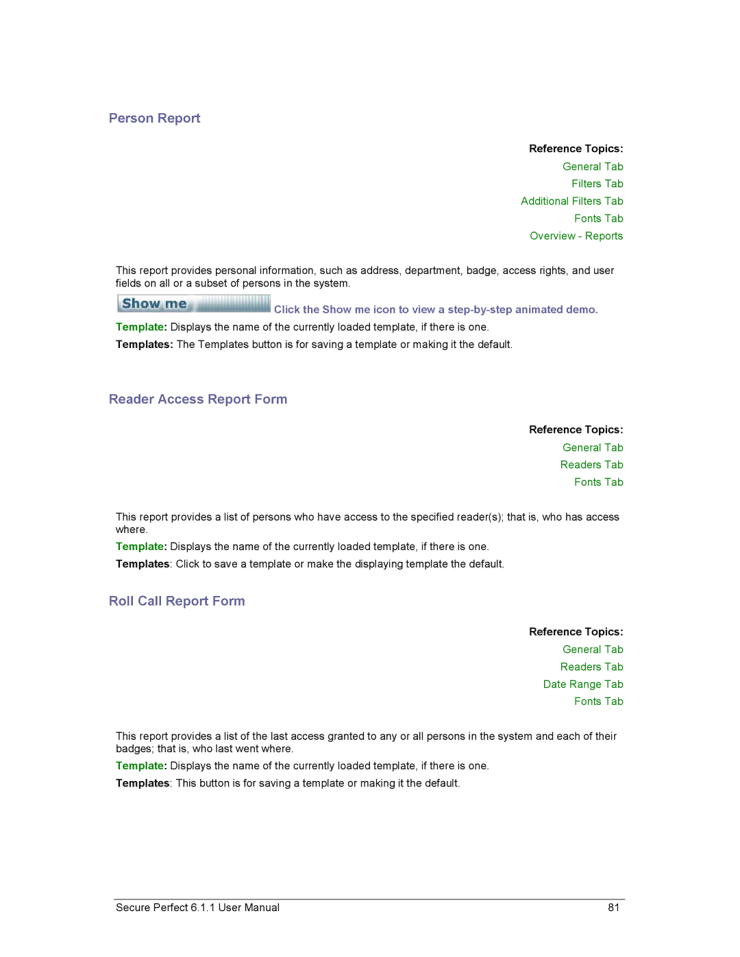 GE v6 user manual Person Report, Reader Access Report Form, Roll Call Report Form, General Tab Readers Tab Fonts Tab 