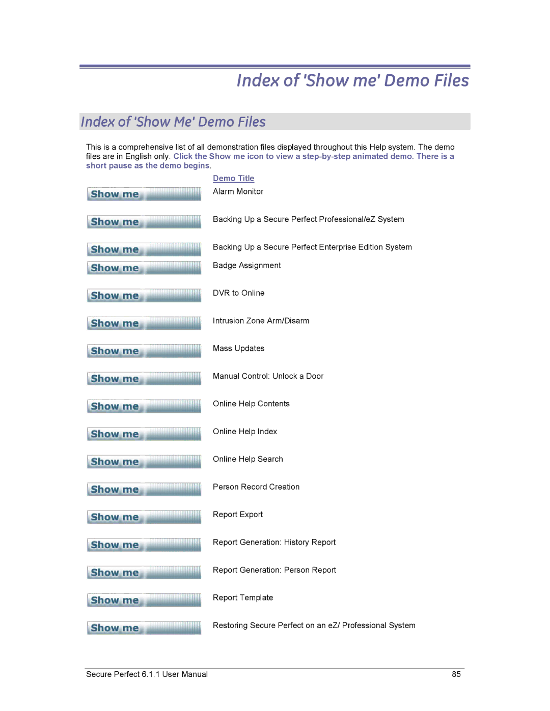 GE v6 user manual Index of Show me Demo Files, Index of Show Me Demo Files 