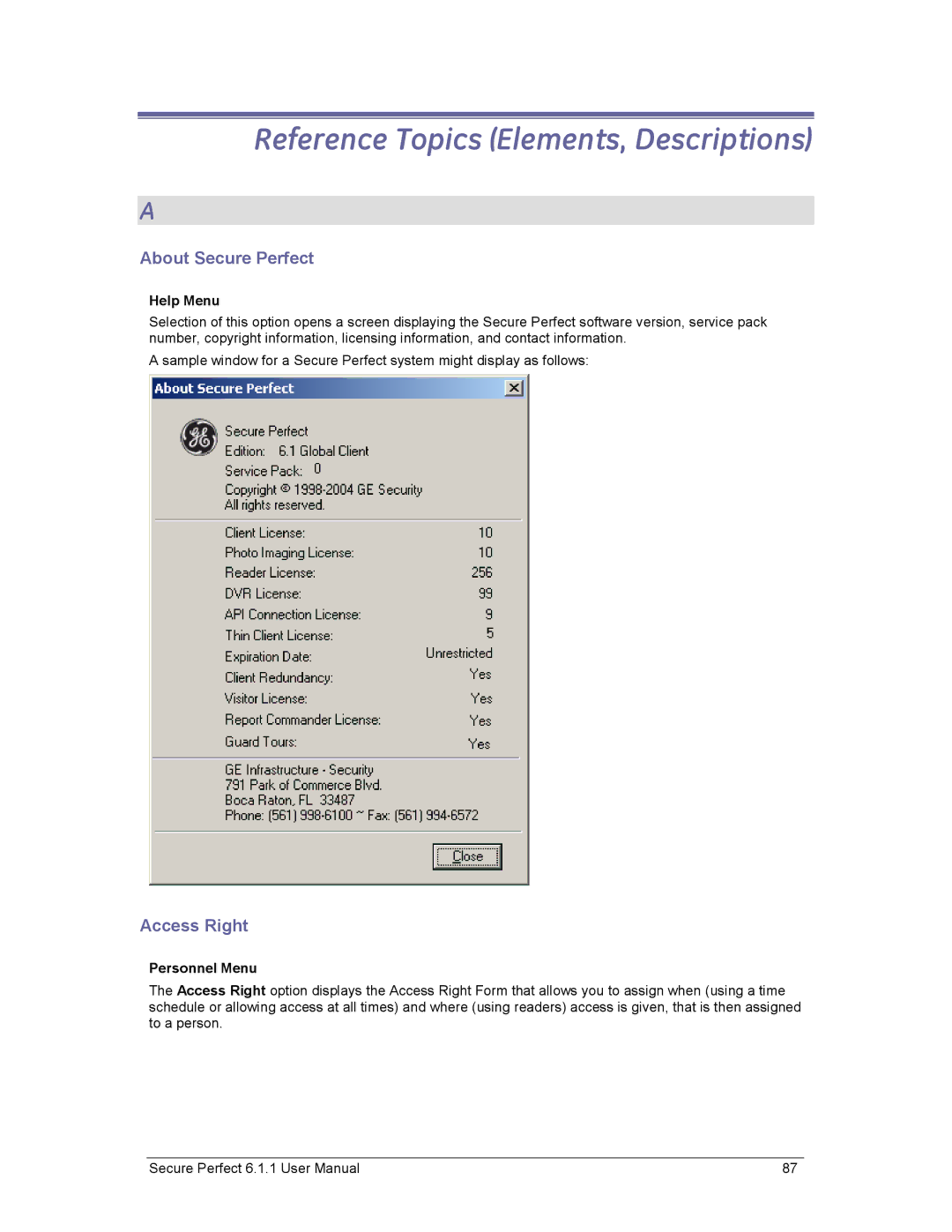 GE v6 user manual About Secure Perfect, Access Right, Personnel Menu 