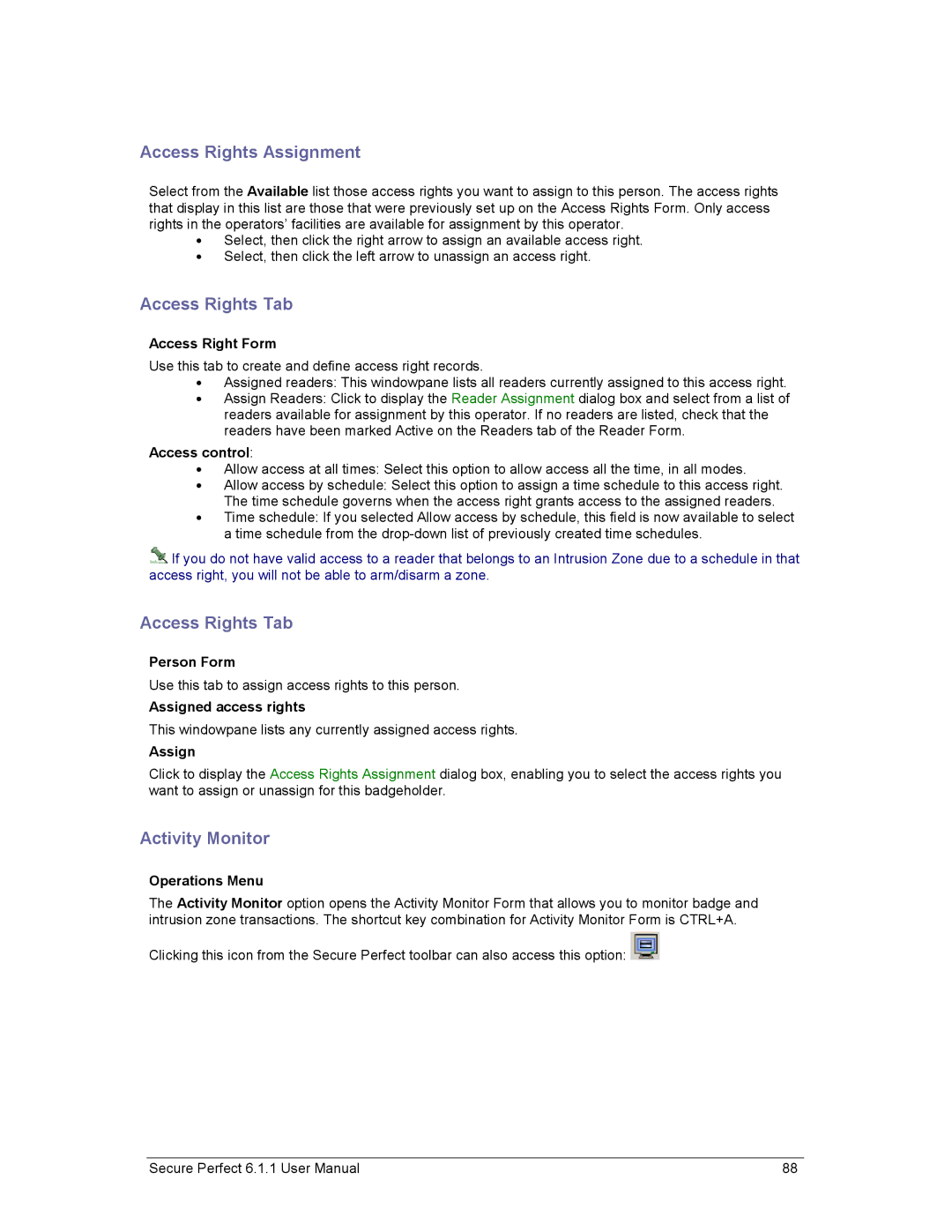 GE v6 user manual Access Rights Assignment, Access Rights Tab, Activity Monitor 