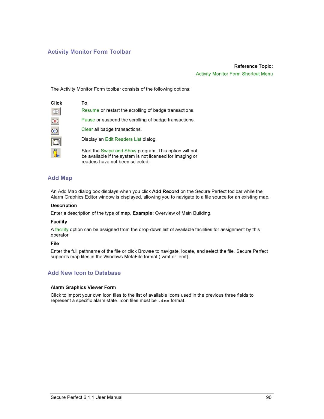 GE v6 user manual Activity Monitor Form Toolbar, Add Map, Add New Icon to Database, File, Alarm Graphics Viewer Form 