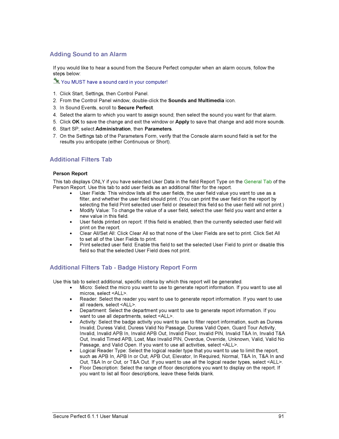 GE v6 user manual Adding Sound to an Alarm, Additional Filters Tab Badge History Report Form, Person Report 