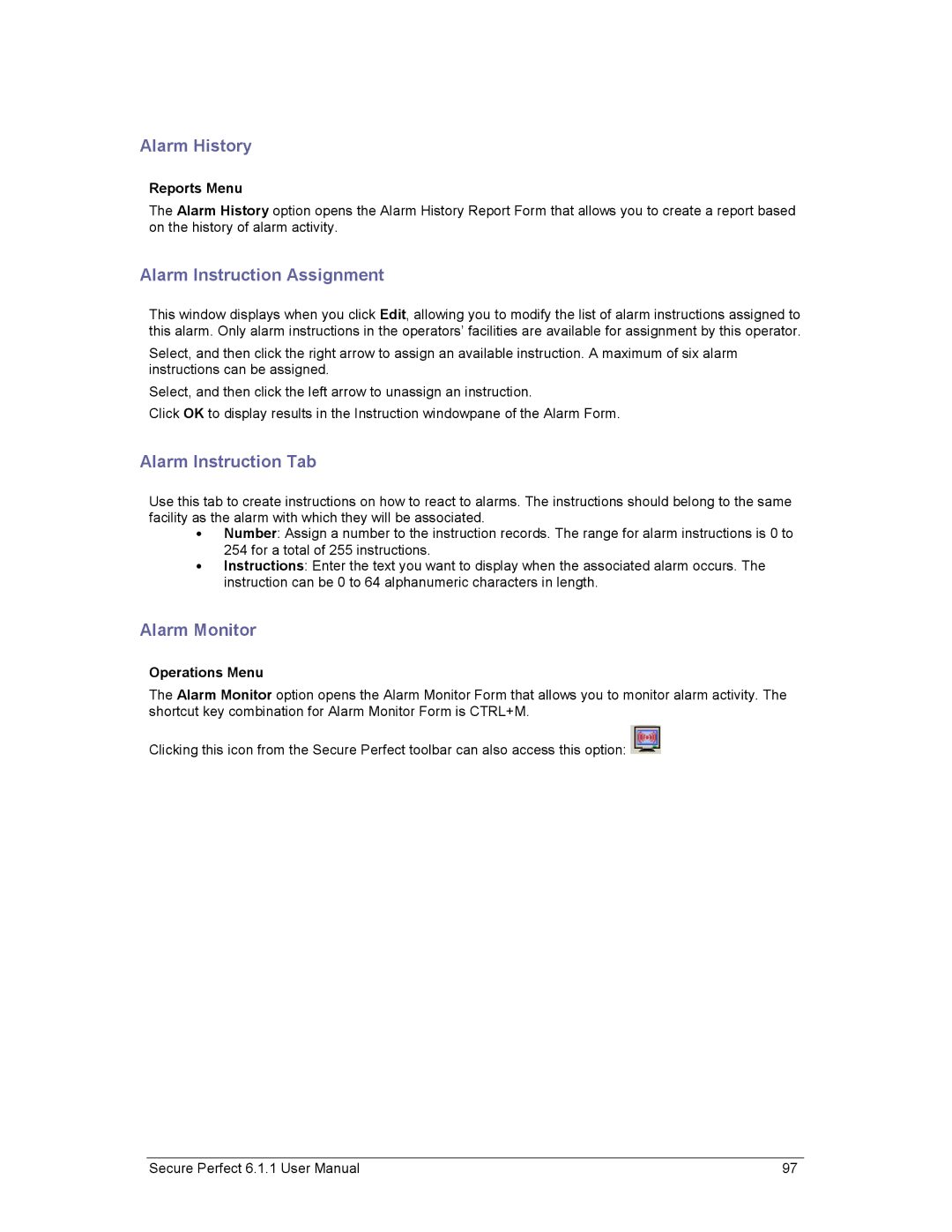 GE v6 user manual Alarm History, Alarm Instruction Assignment, Alarm Instruction Tab, Alarm Monitor 