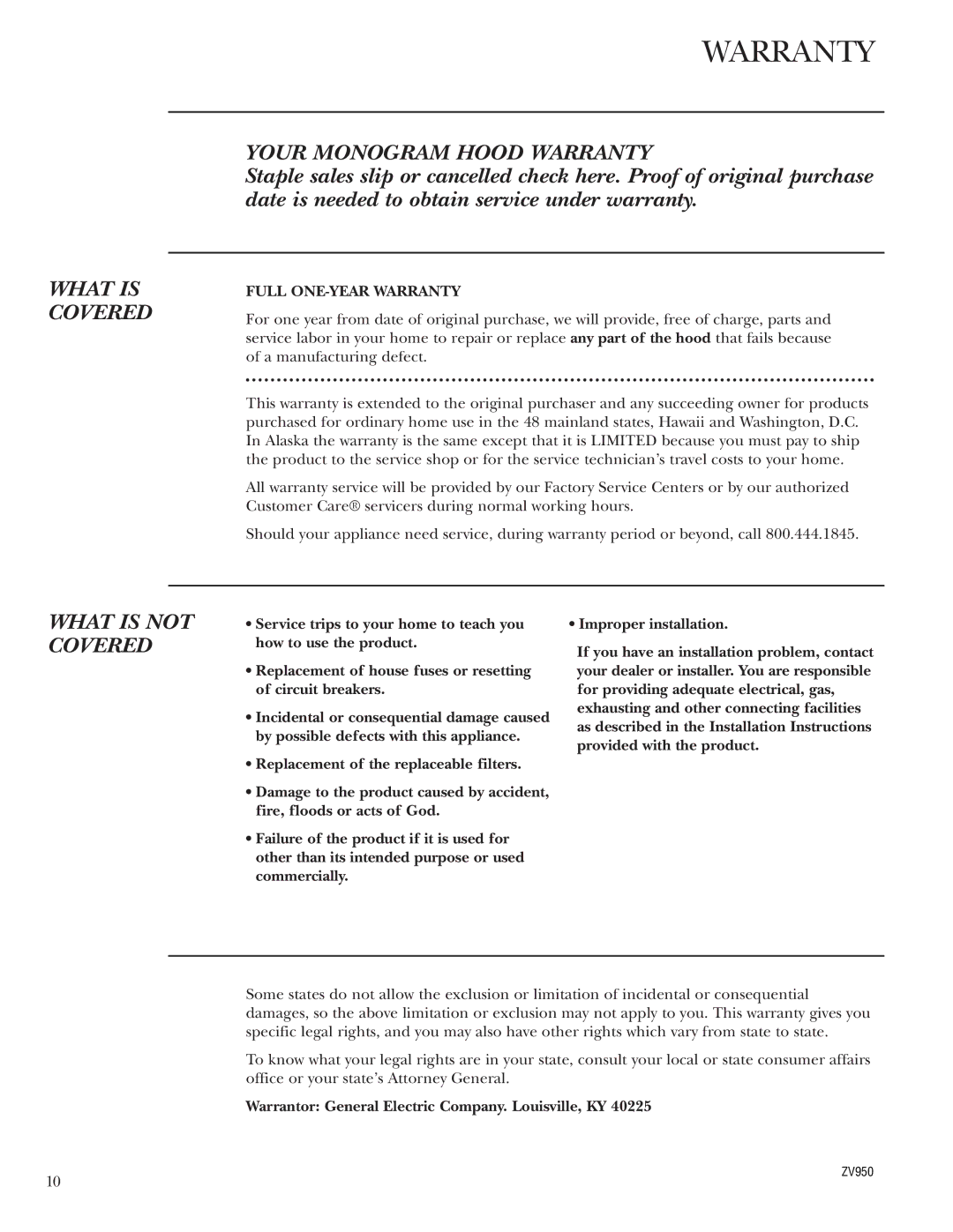 GE Ventilation Hood owner manual Warranty 