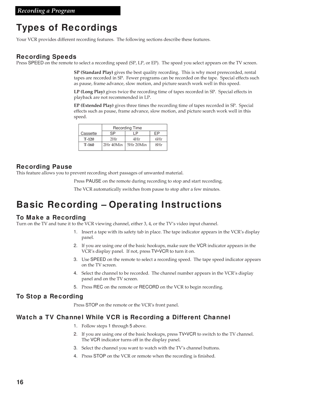 GE VG2053/VG4053 manual Types of Recordings, Basic Recording Operating Instructions 