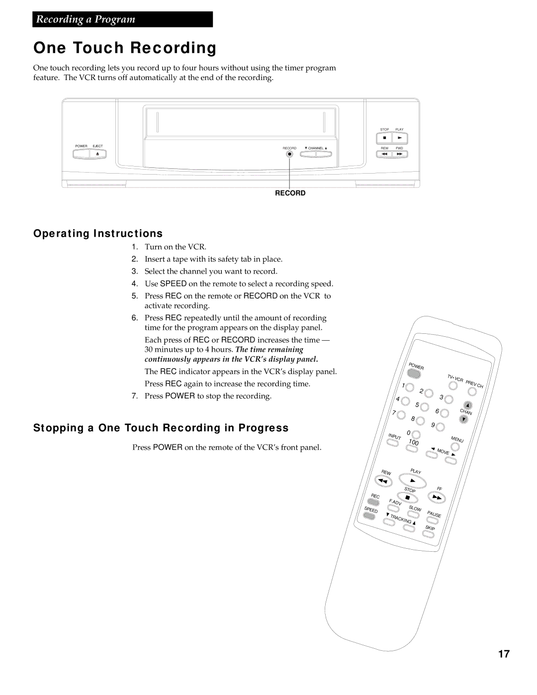 GE VG2053/VG4053 manual Operating Instructions, Stopping a One Touch Recording in Progress 