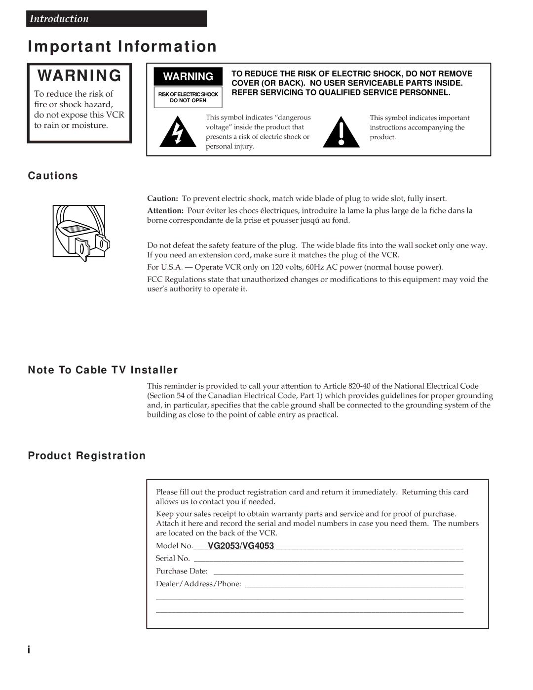 GE VG2053/VG4053 manual Important Information, Product Registration, To Reduce the Risk of Electric SHOCK, do not Remove 