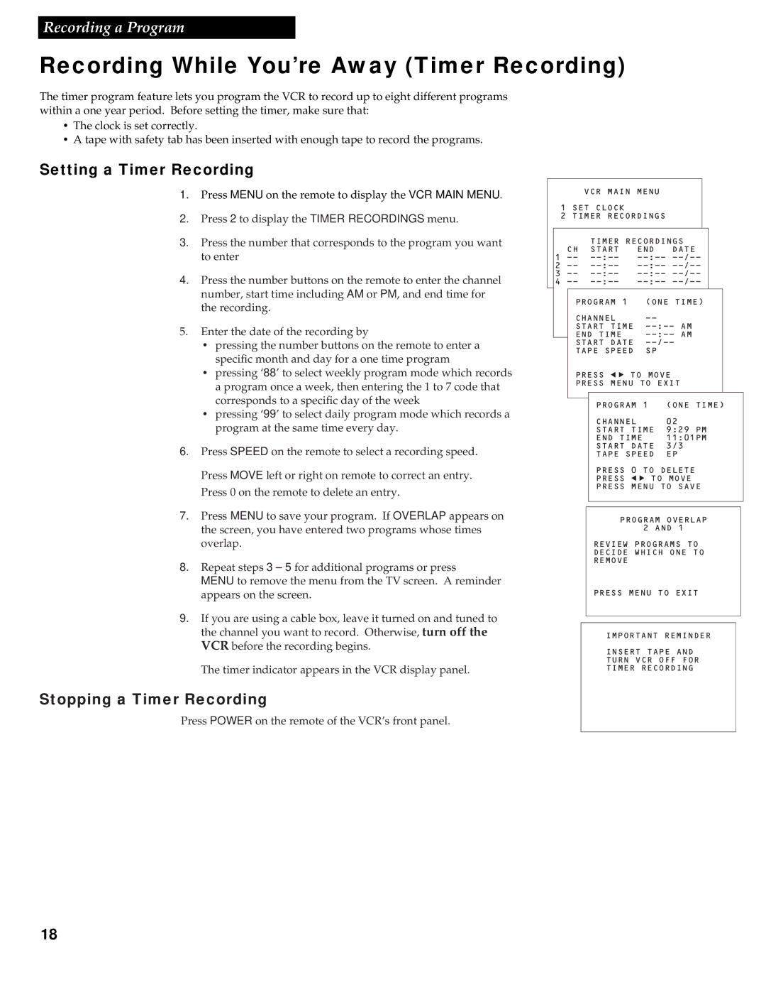 GE VG2053/VG4053 manual Recording While You’re Away Timer Recording, Setting a Timer Recording, Stopping a Timer Recording 