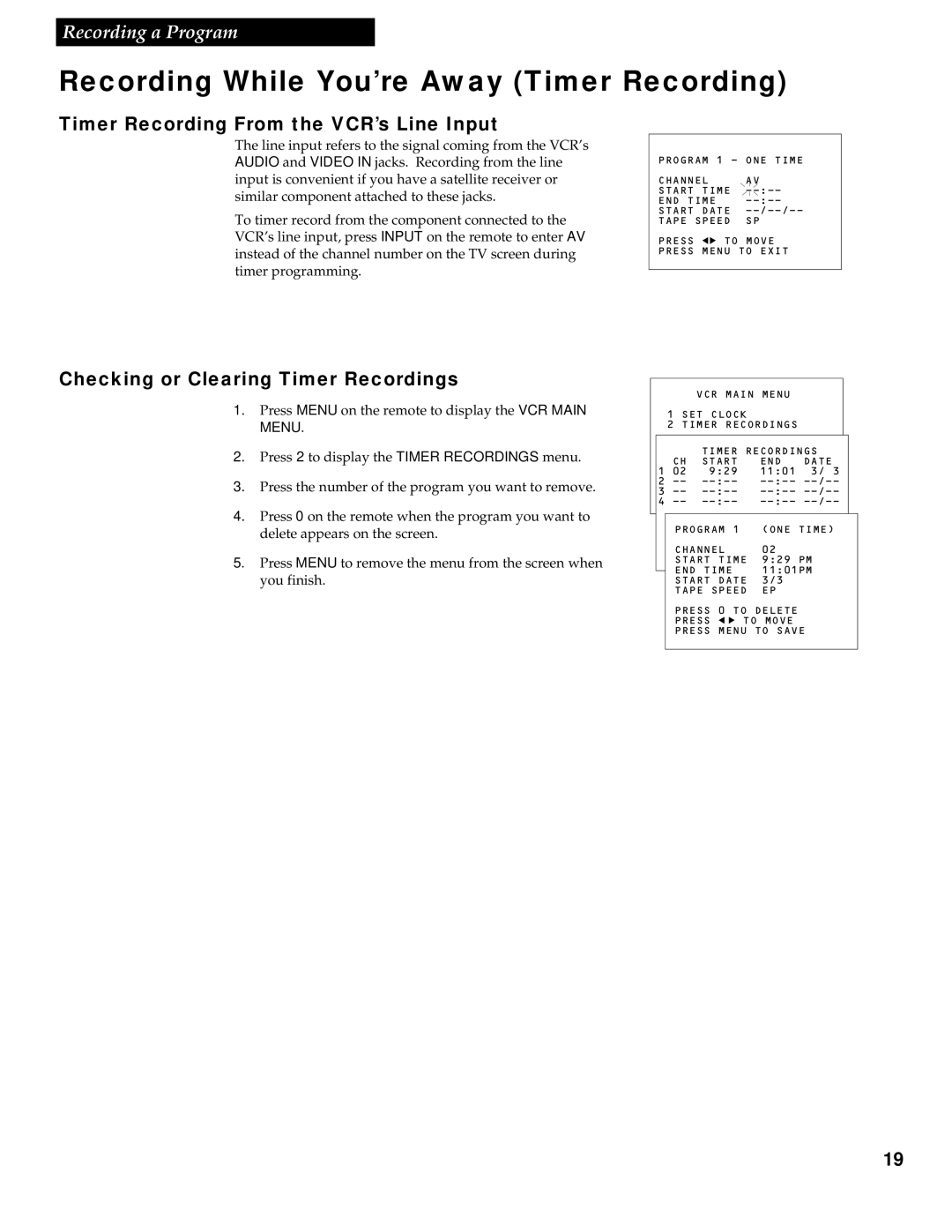 GE VG2053/VG4053 manual Timer Recording From the VCR’s Line Input, Checking or Clearing Timer Recordings 