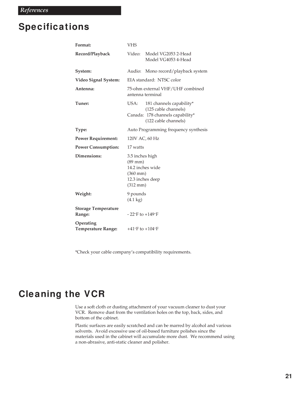 GE VG2053/VG4053 manual Specifications, Cleaning the VCR 