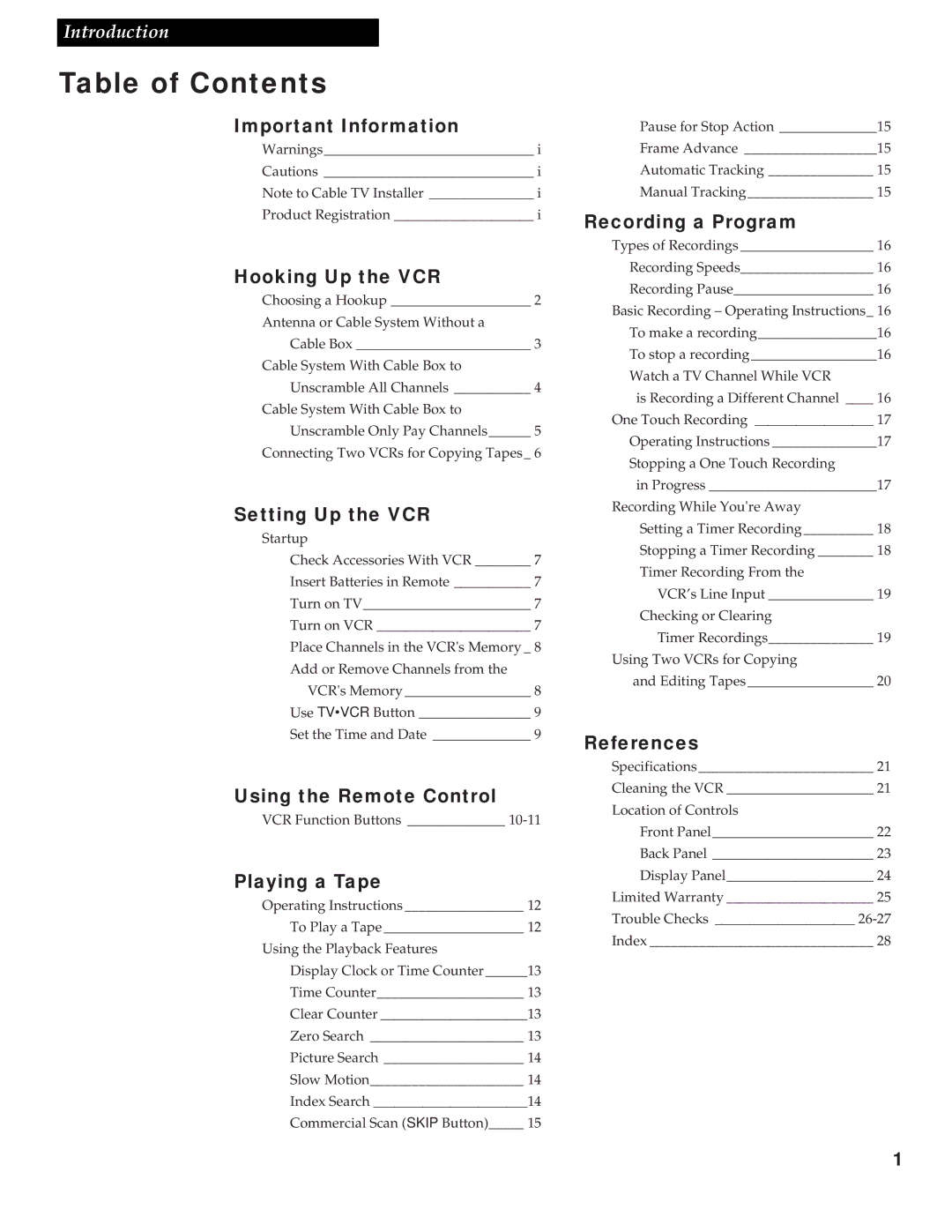 GE VG2053/VG4053 manual Table of Contents 