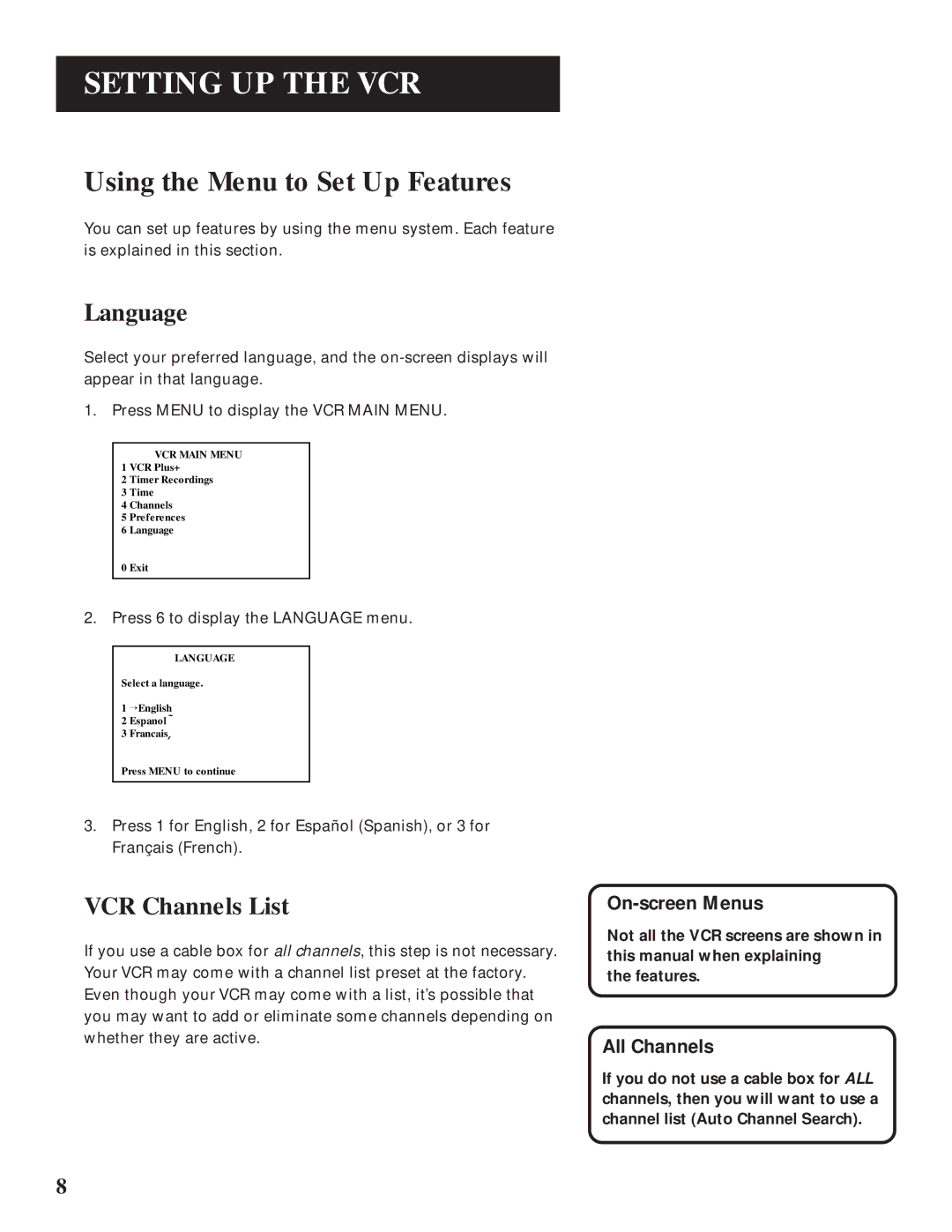 GE VG4061 manual Using the Menu to Set Up Features, Language, VCR Channels List, On-screen Menus, All Channels 