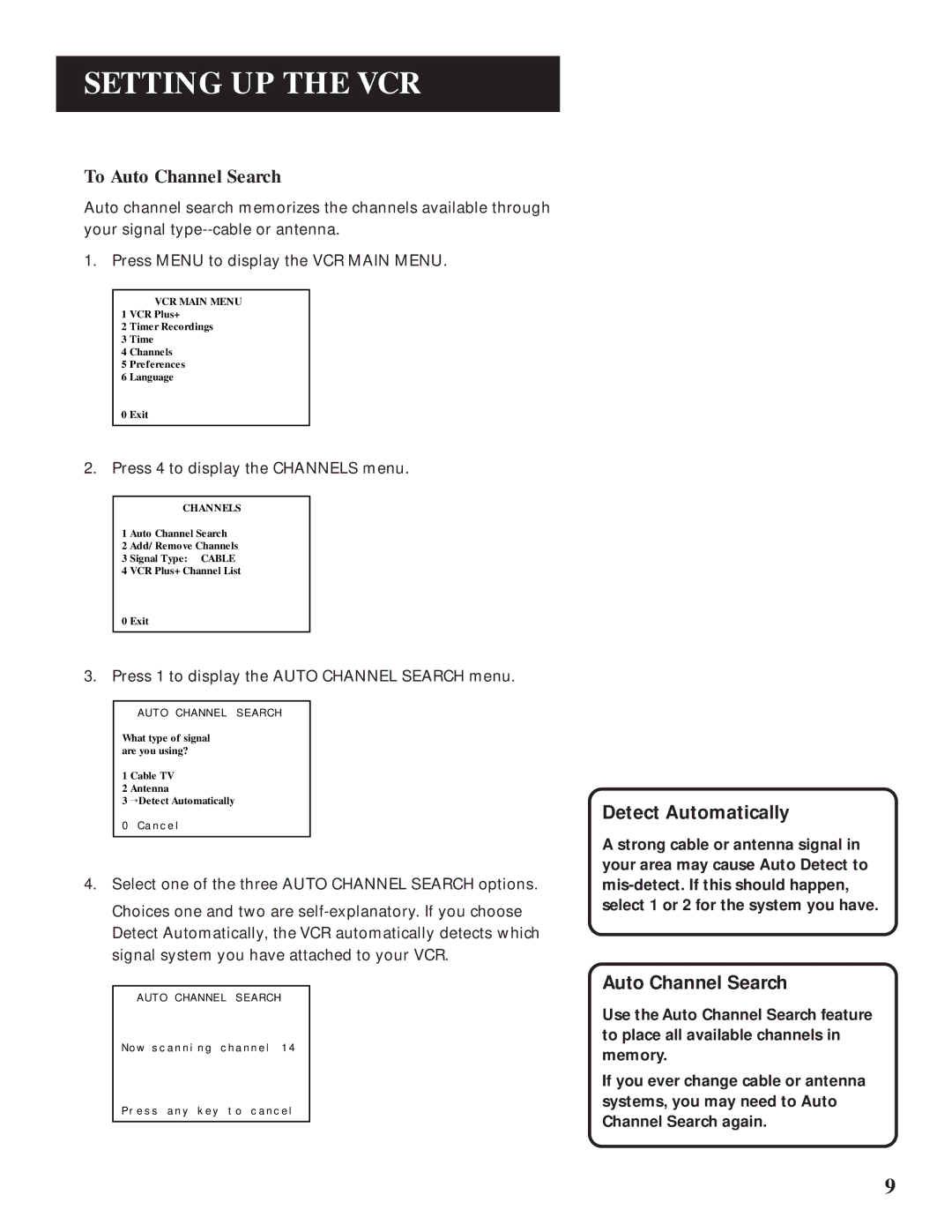 GE VG4061 manual Detect Automatically, Auto Channel Search 