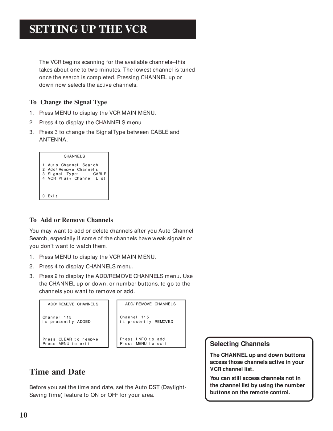 GE VG4061 manual Time and Date, Selecting Channels 