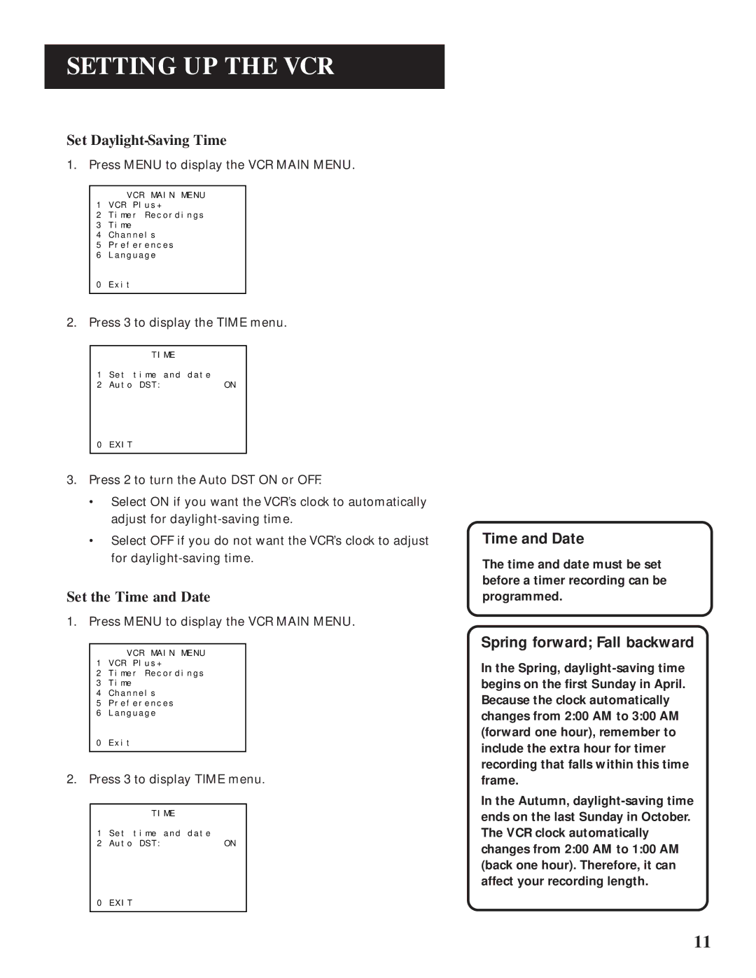 GE VG4061 manual Time and Date, Spring forward Fall backward 