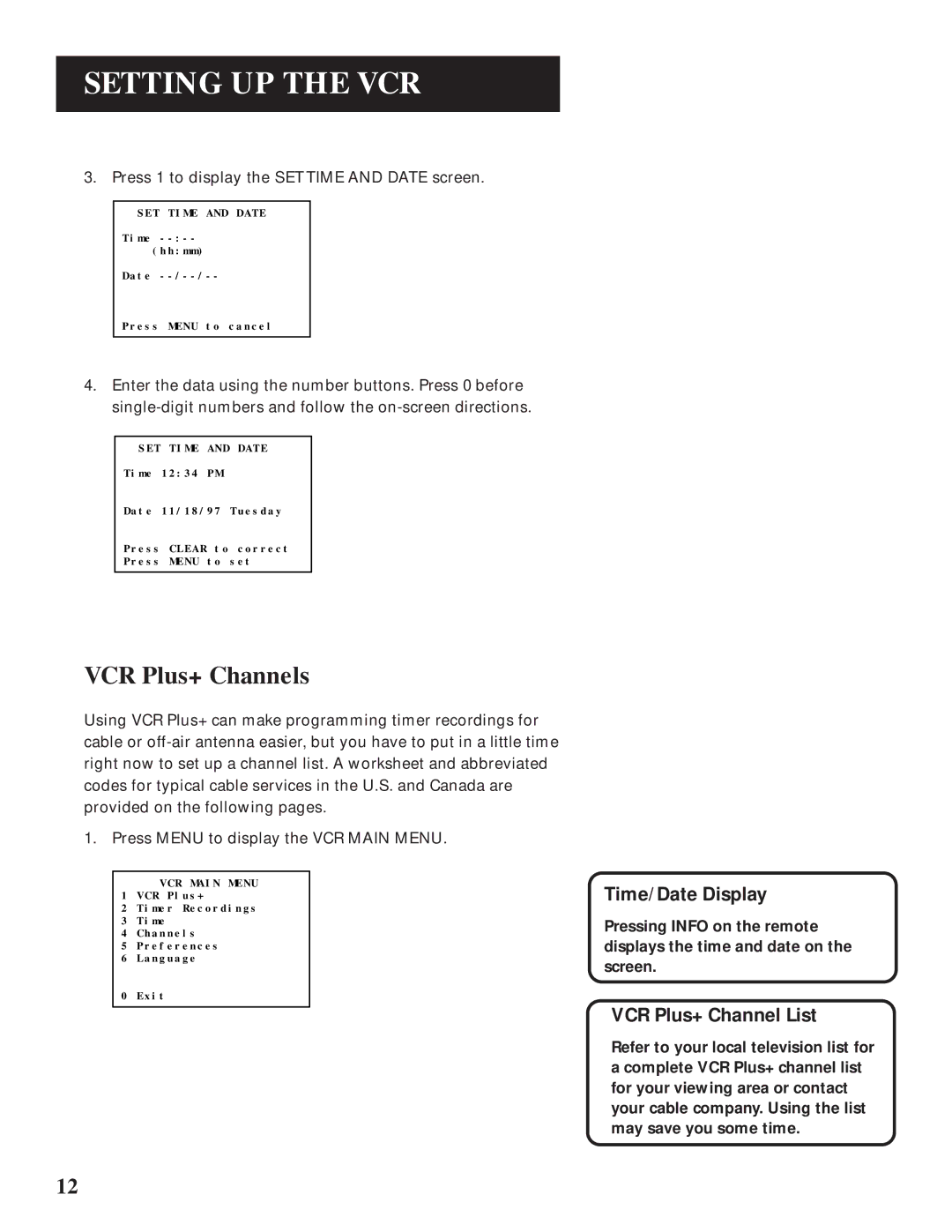 GE VG4061 manual VCR Plus+ Channels, Time/Date Display, VCR Plus+ Channel List 