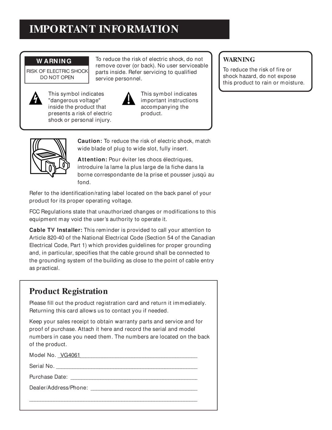 GE VG4061 manual Important Information, Product Registration 