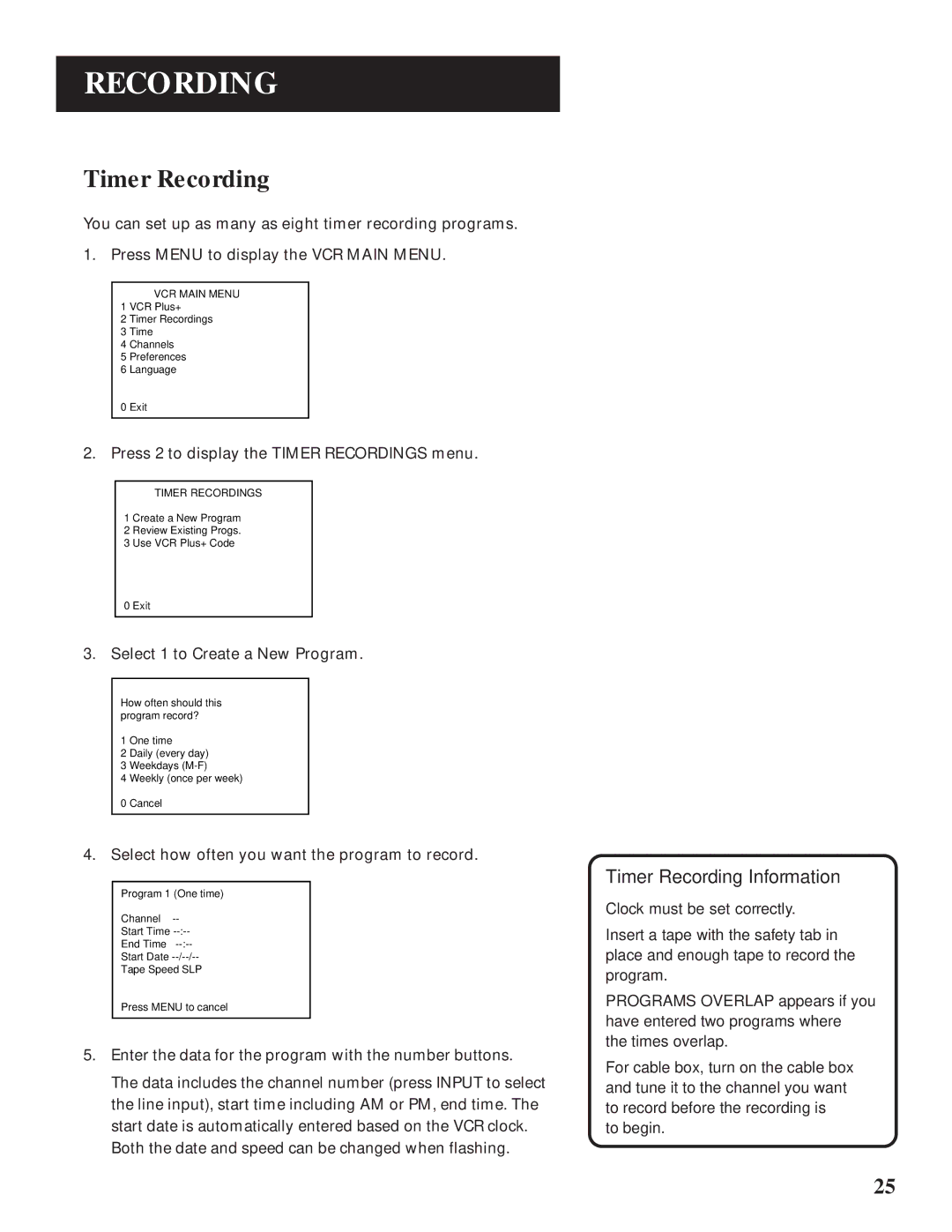 GE VG4061 manual Timer Recording Information 