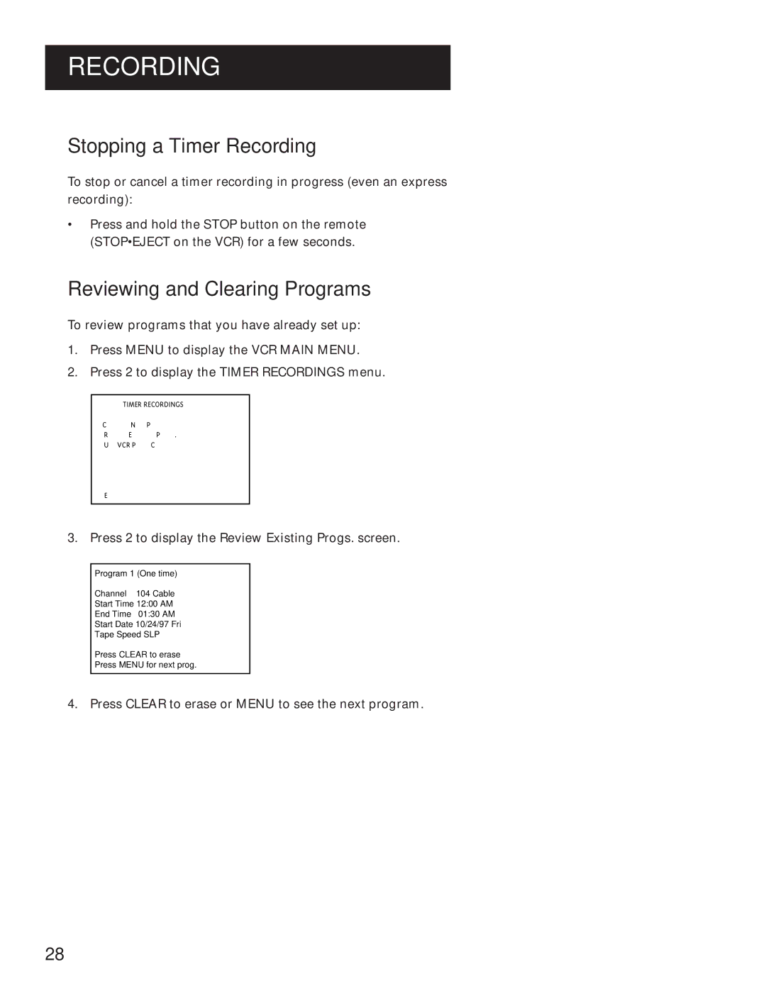 GE VG4061 manual Stopping a Timer Recording, Reviewing and Clearing Programs 