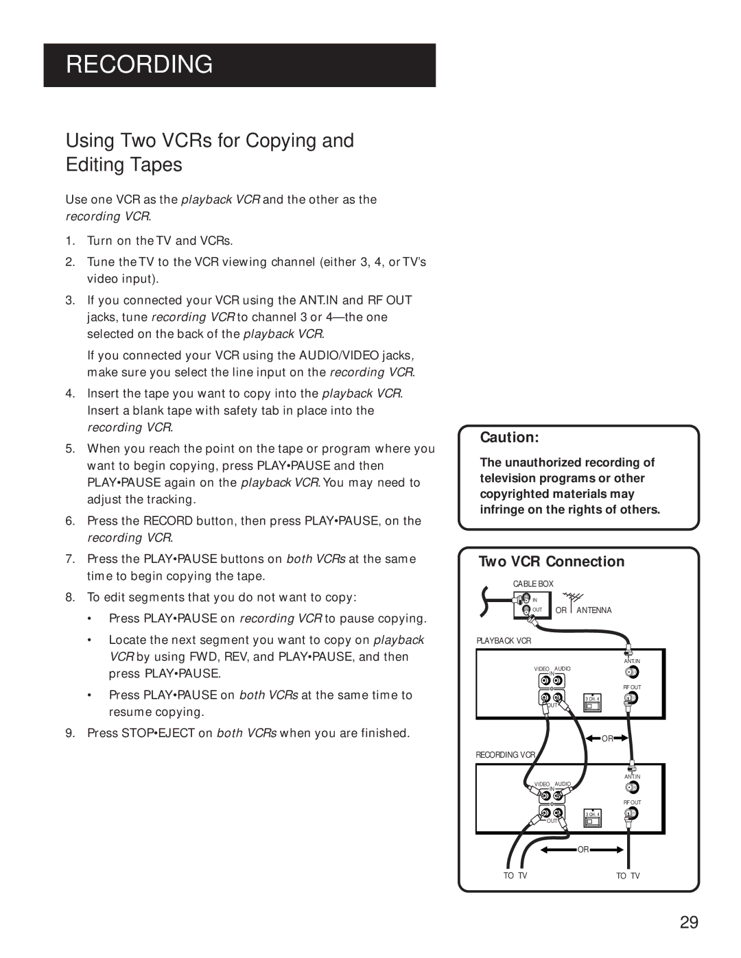 GE VG4061 manual Using Two VCRs for Copying and Editing Tapes, Two VCR Connection 