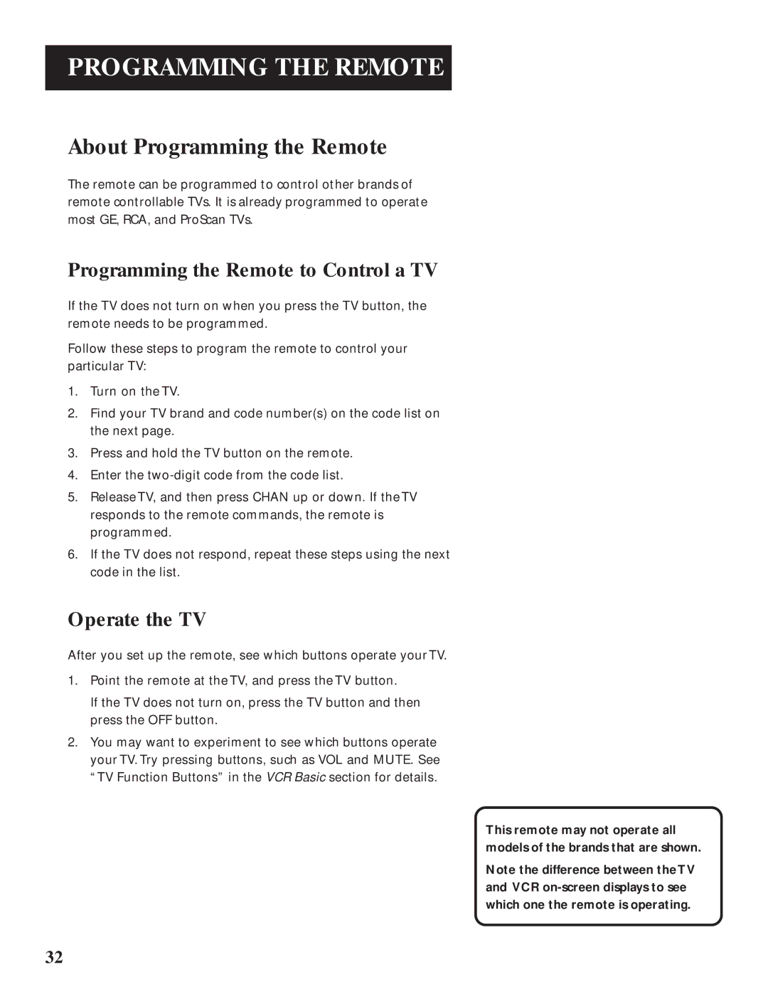 GE VG4061 manual About Programming the Remote, Programming the Remote to Control a TV, Operate the TV 