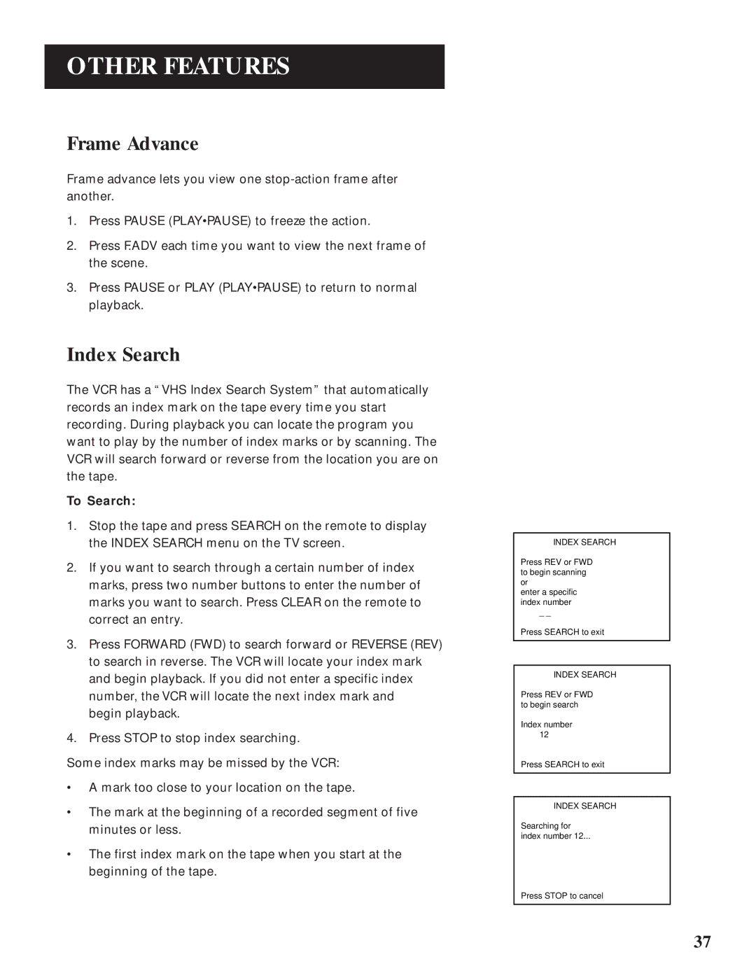 GE VG4061 manual Frame Advance, Index Search 