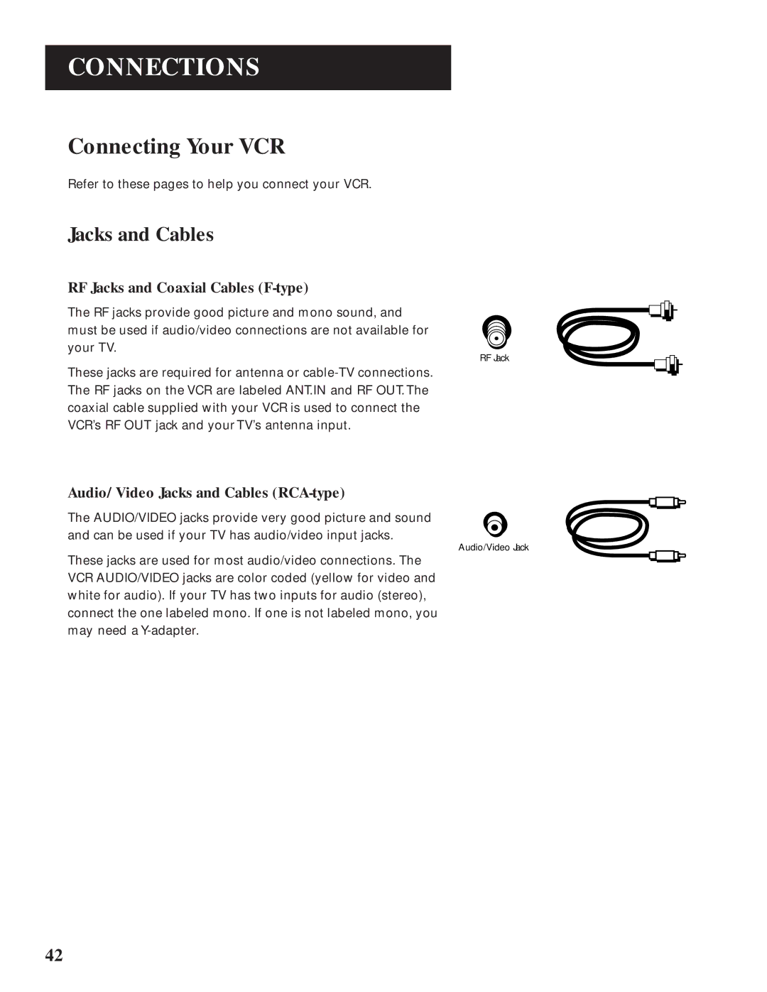 GE VG4061 manual Connecting Your VCR, Jacks and Cables 