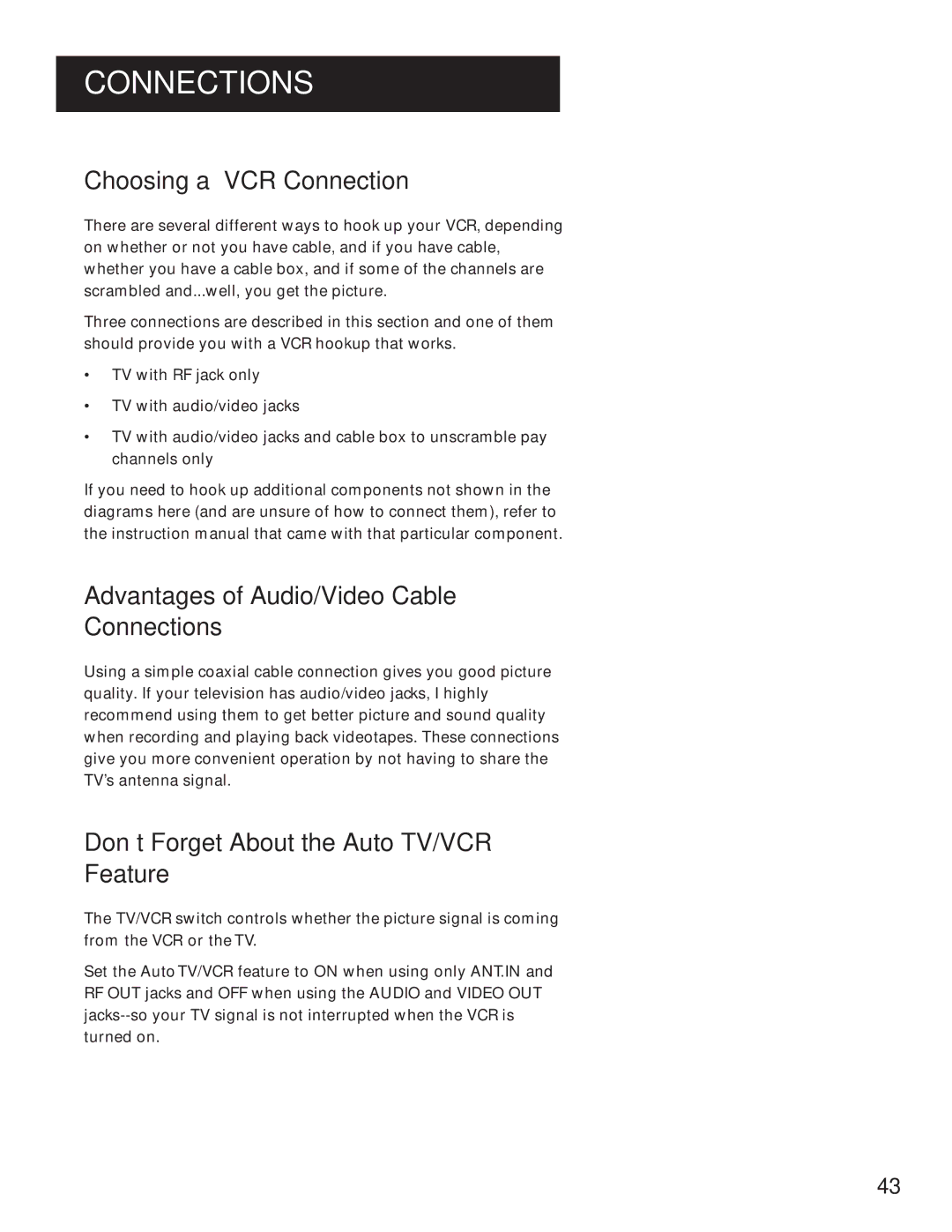 GE VG4061 manual Choosing a VCR Connection, Advantages of Audio/Video Cable Connections 