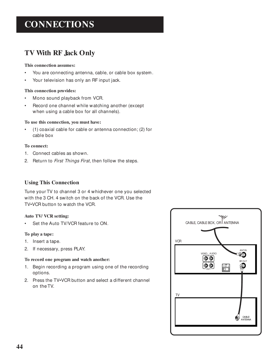 GE VG4061 manual TV With RF Jack Only, This connection assumes 